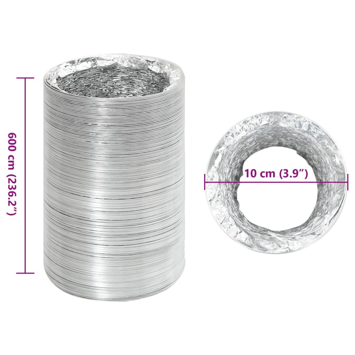 Flexibler Aluminium-Lüftungskanal, mit Abmessungen in cm und Zoll, auf weißem Hintergrund.