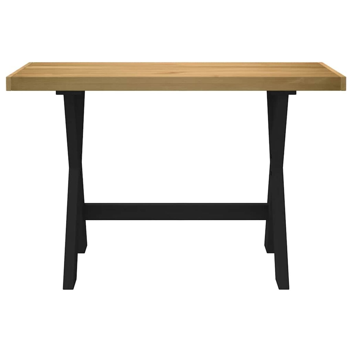 Holztisch für den Außenbereich mit schwarzen Beinen. Tischplatte hellbraun.