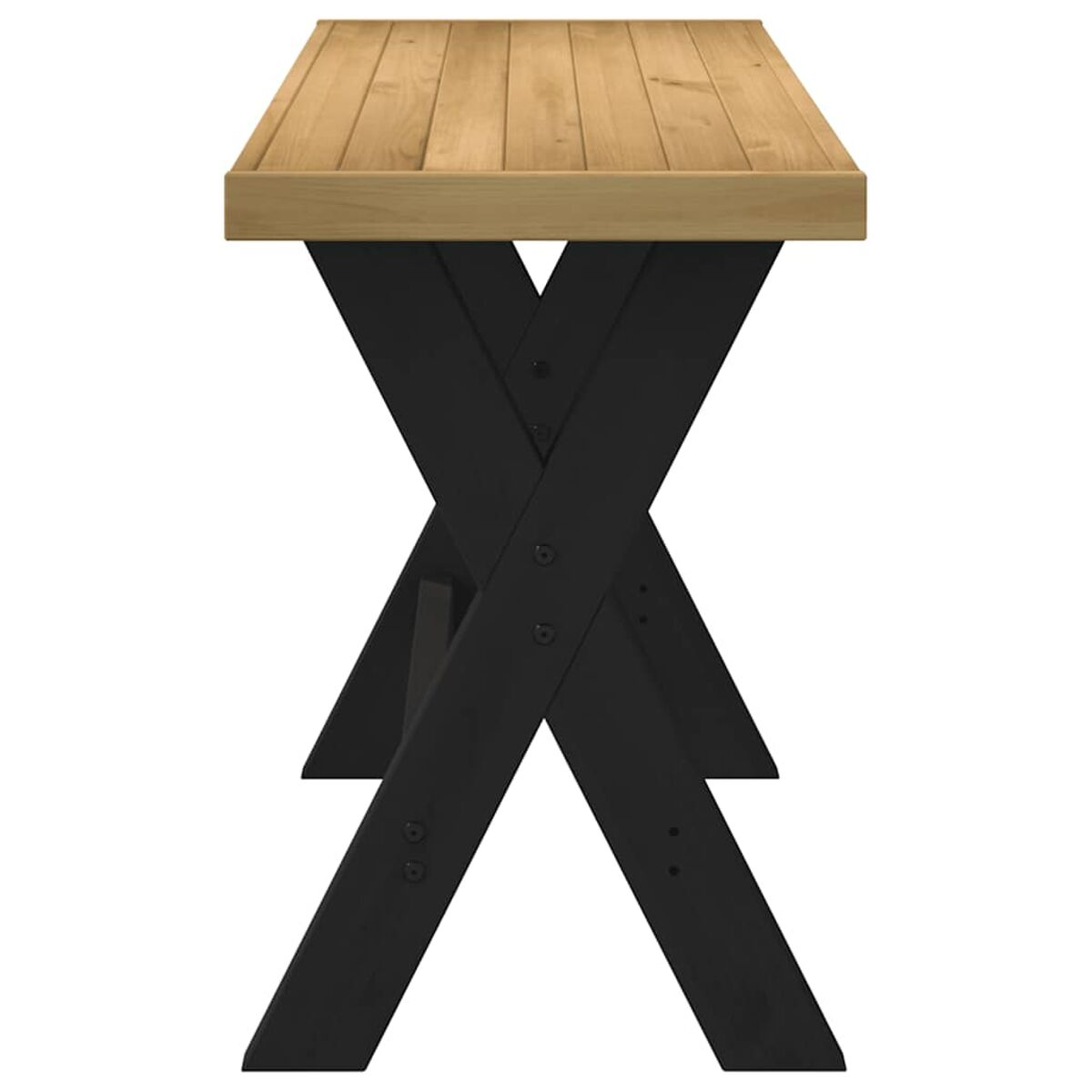 Holztisch mit schwarzen Kreuzbeinen. Hellbraune Tischplatte. X-förmiges Beindesign.