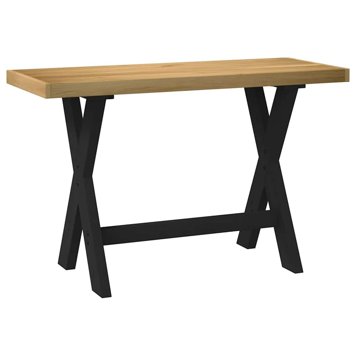 Holztisch mit schwarzen X-Beinen. Helle Holzplatte, isoliert auf Weiß.