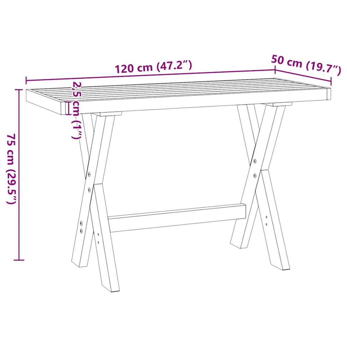 Klapptisch aus Holz, hellbraun. Der Tisch ist aufgeklappt, mit Maßen in cm und Zoll.