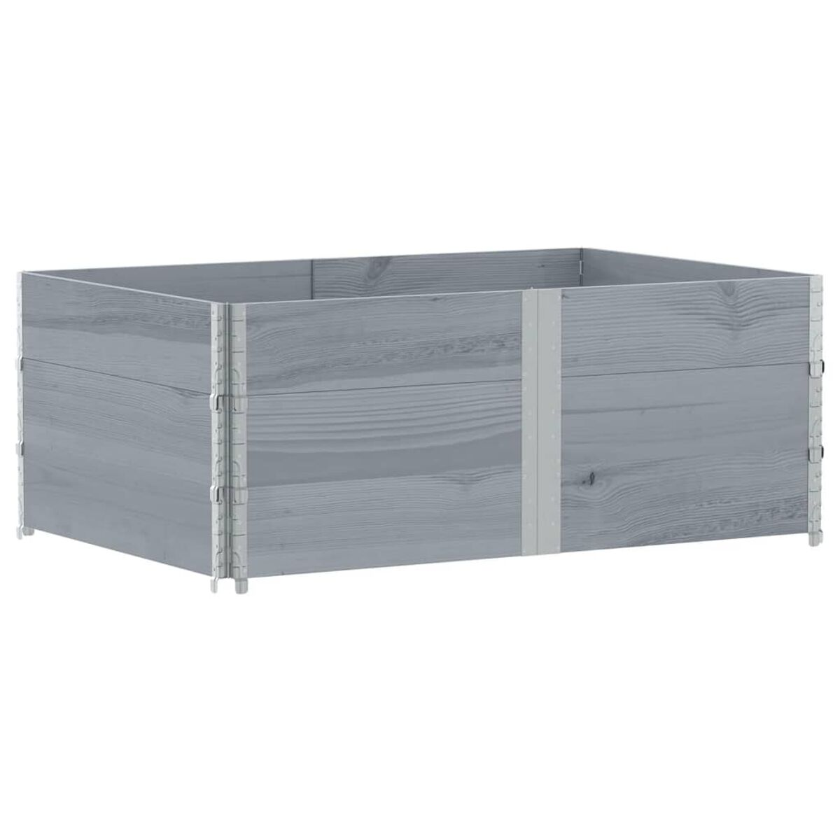 Una fioriera di legno grigio con elementi di fissaggio bianchi.