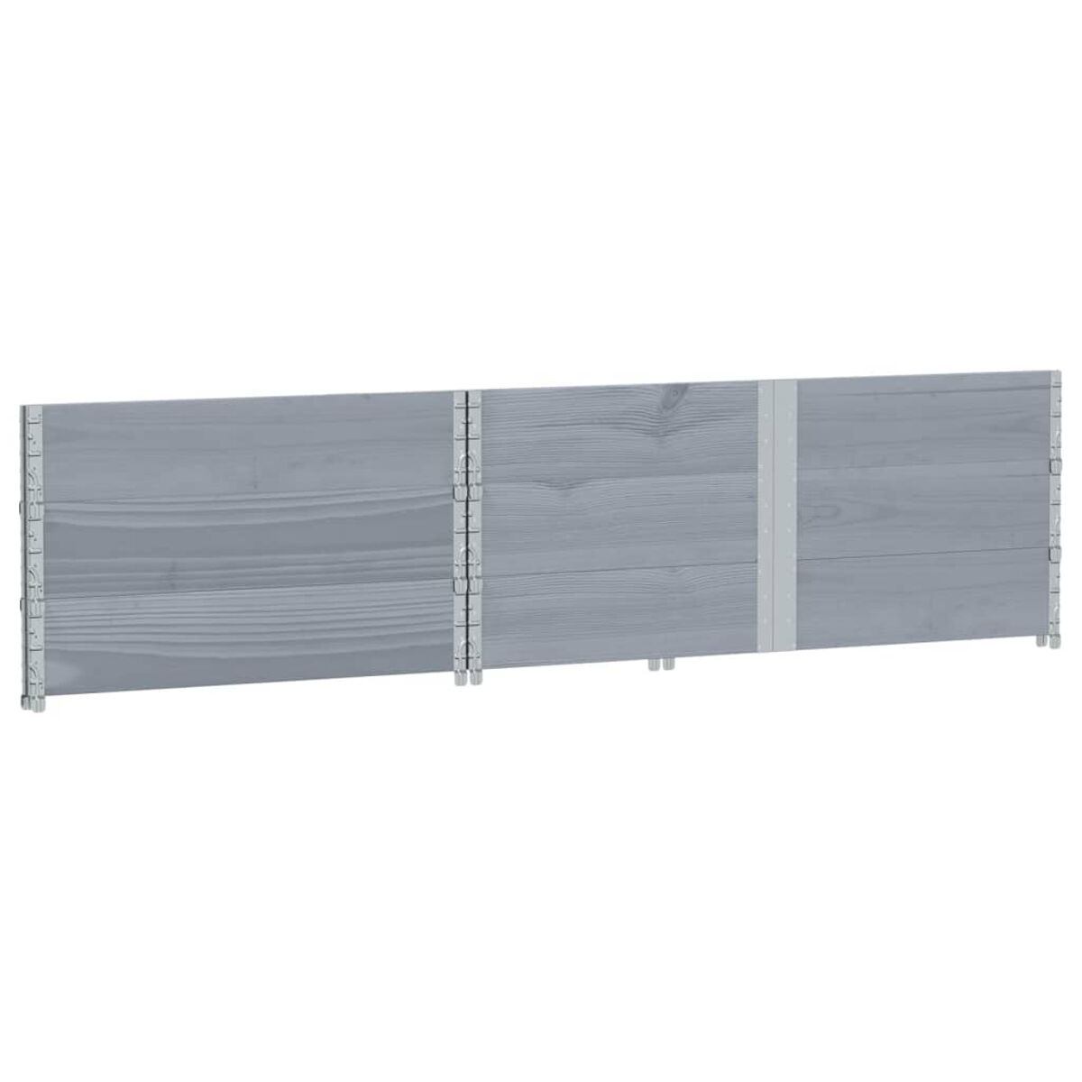 Tre pannelli di recinzione in legno con connettori metallici, colore grigio.