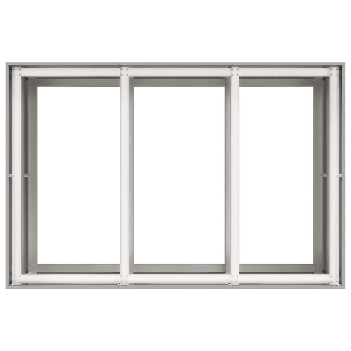 Telaio per porta scorrevole a tre pannelli, bianco e grigio, isolato su bianco.