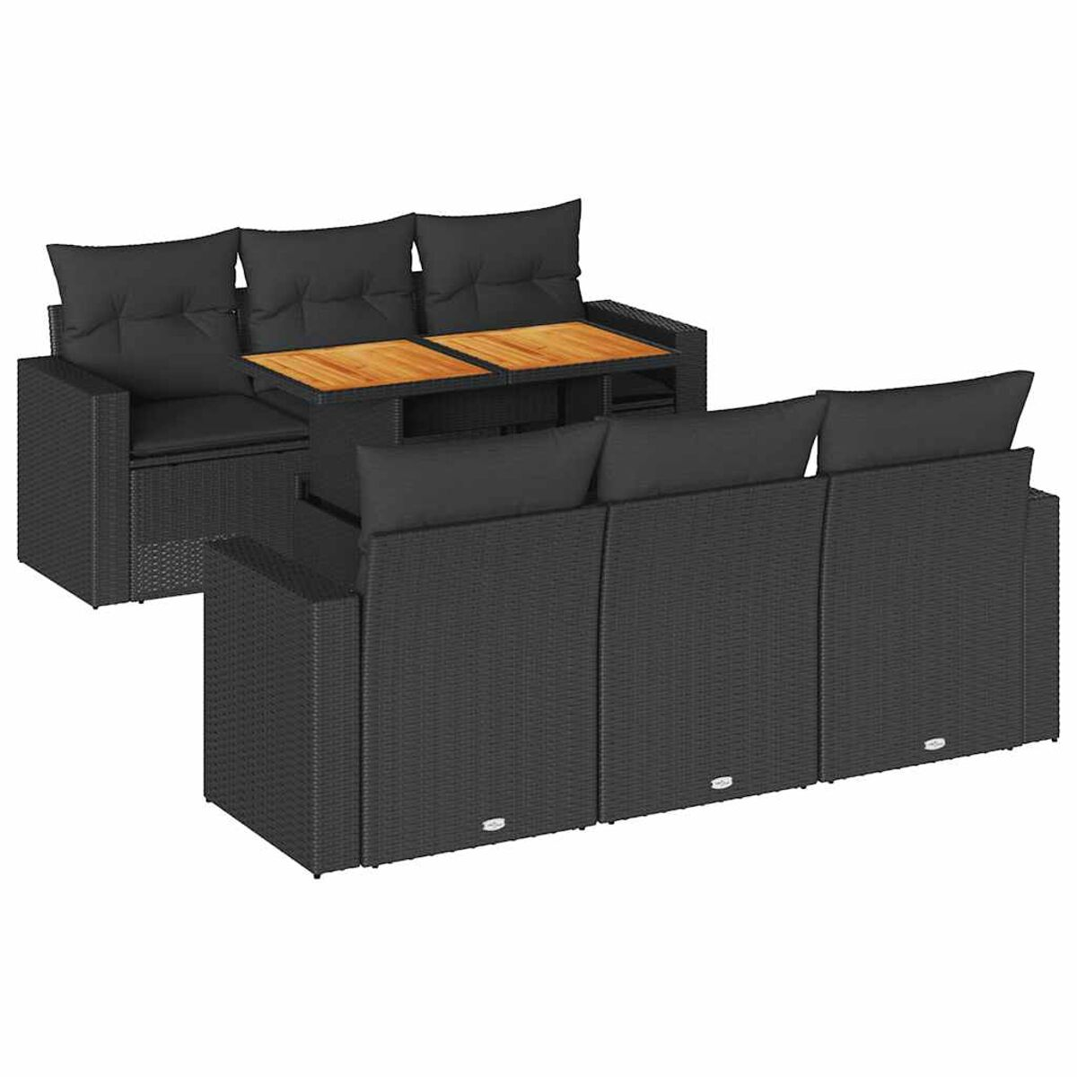 Set di divani componibili da esterno con struttura in vimini nero, cuscini grigi e due tavolini.