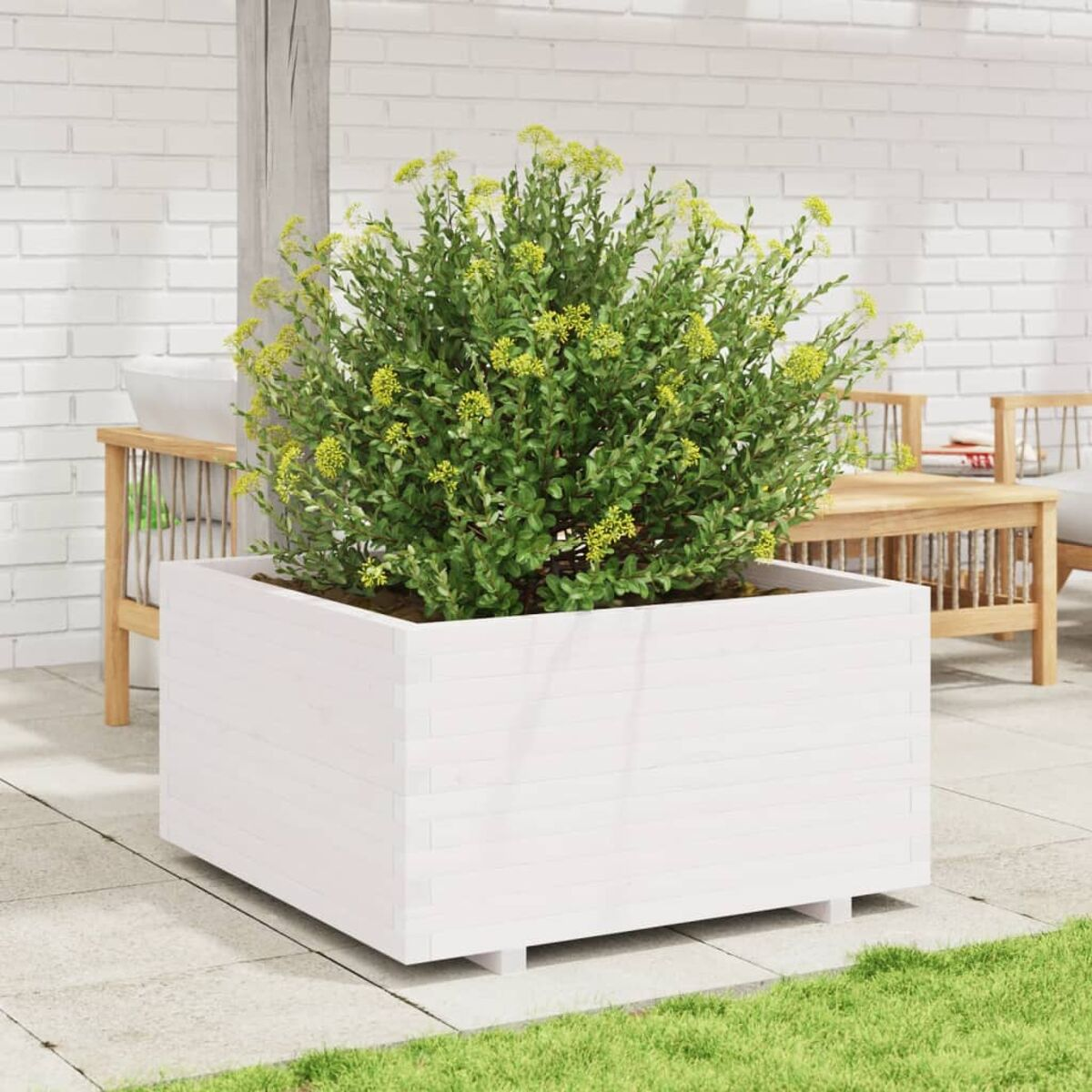 Weißer Holzpflanzer mit einer grünen Pflanze und gelben Blüten. Der Pflanzer steht auf einer Terrasse mit weißem Backsteinmauer-Hintergrund.