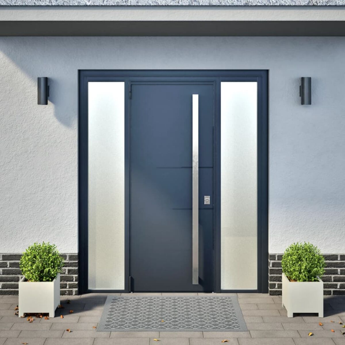 Eine Haustür mit Glaspaneelen, flankiert von Pflanzgefäßen mit grünen Pflanzen.