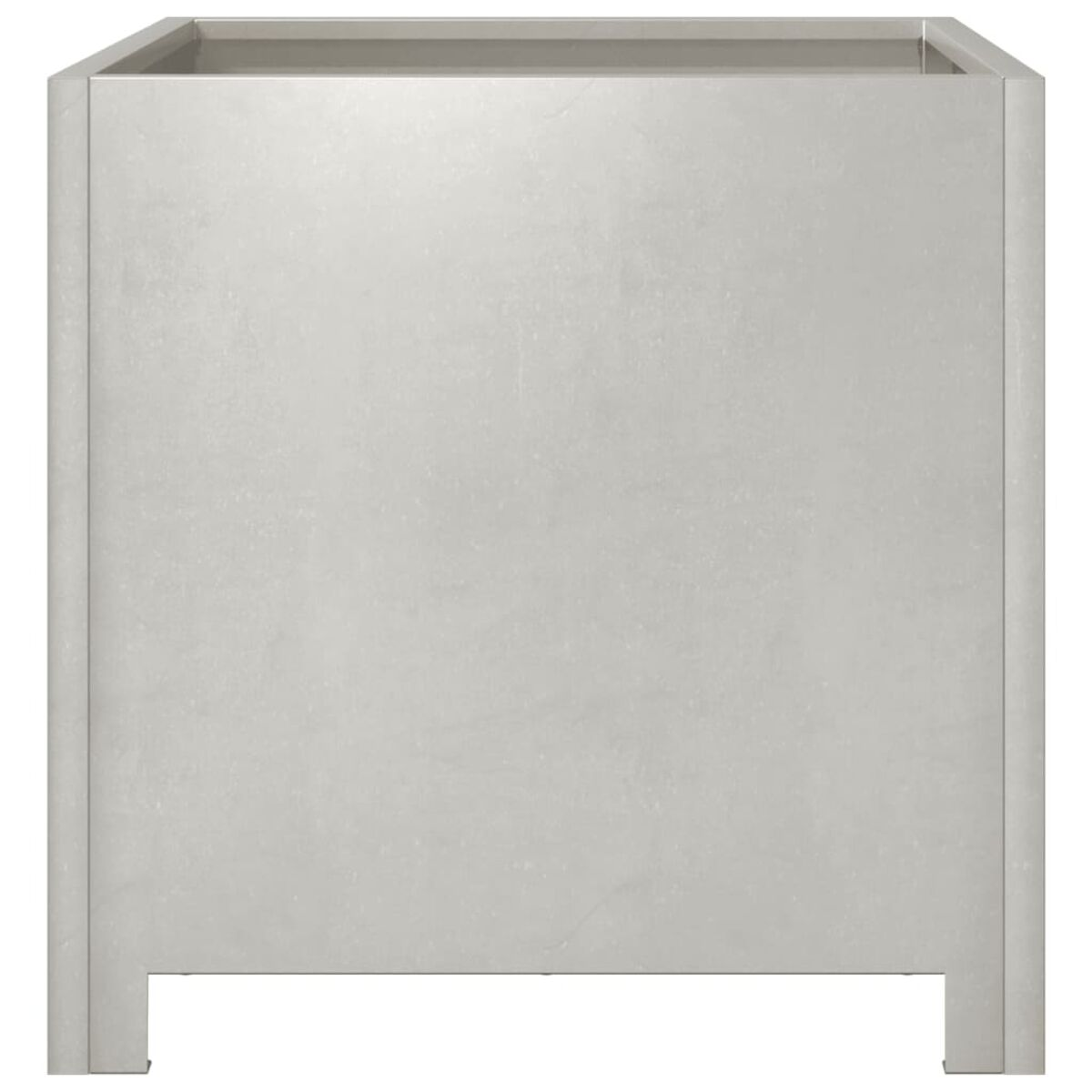 Ein quadratischer, hellgrauer Metall-Pflanzkübel, von vorne betrachtet, mit minimalistischem Design.