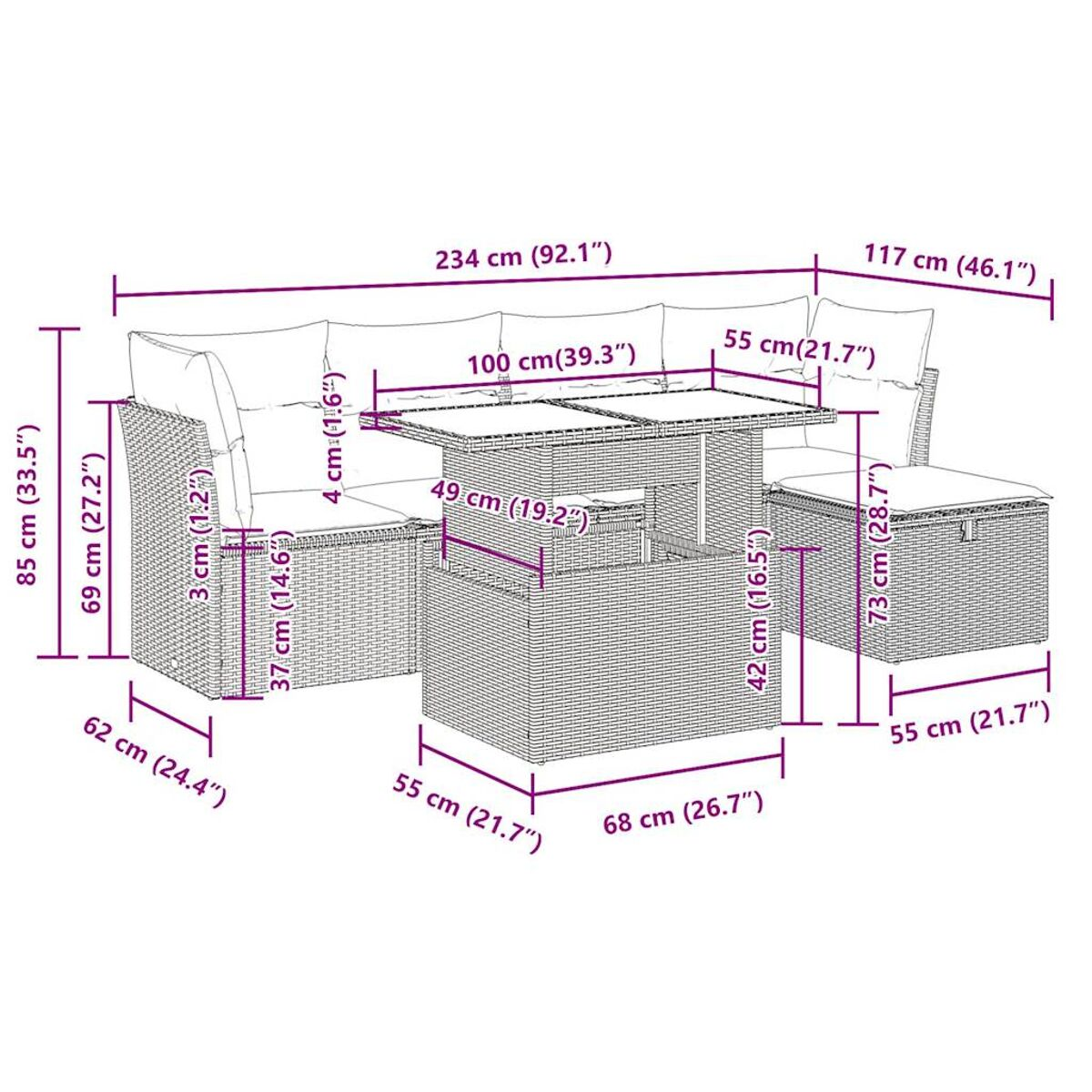 Diagramm eines Outdoor-Ecksofa-Sets mit Maßen.