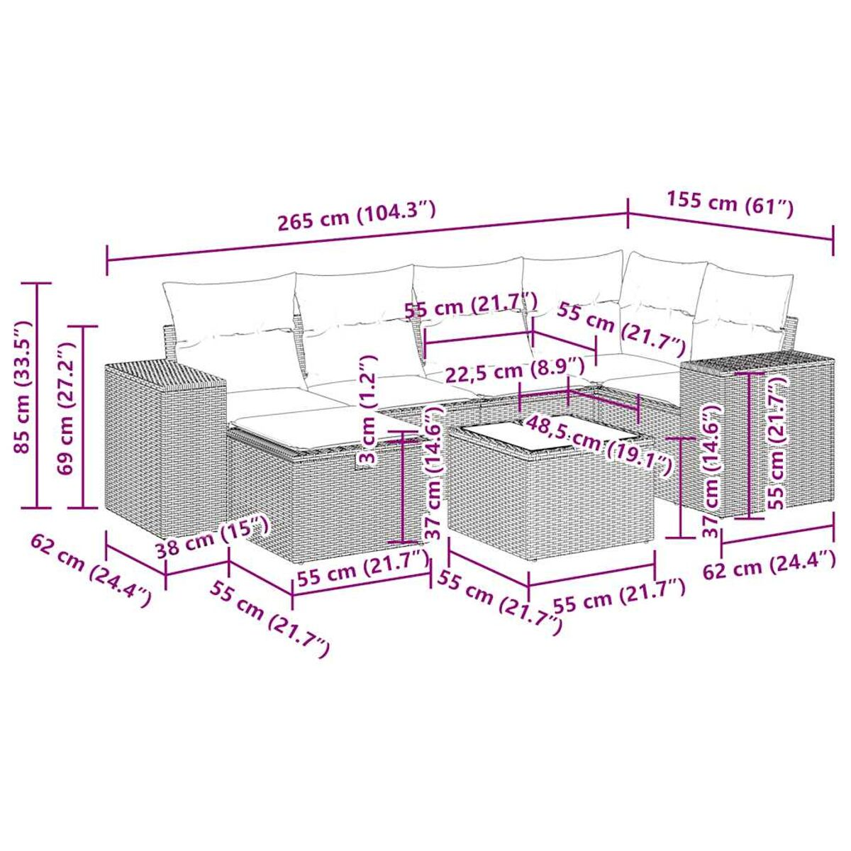 Ein Diagramm eines großen weißen Outdoor-Sofas mit Abmessungen in Zentimetern und Zoll.