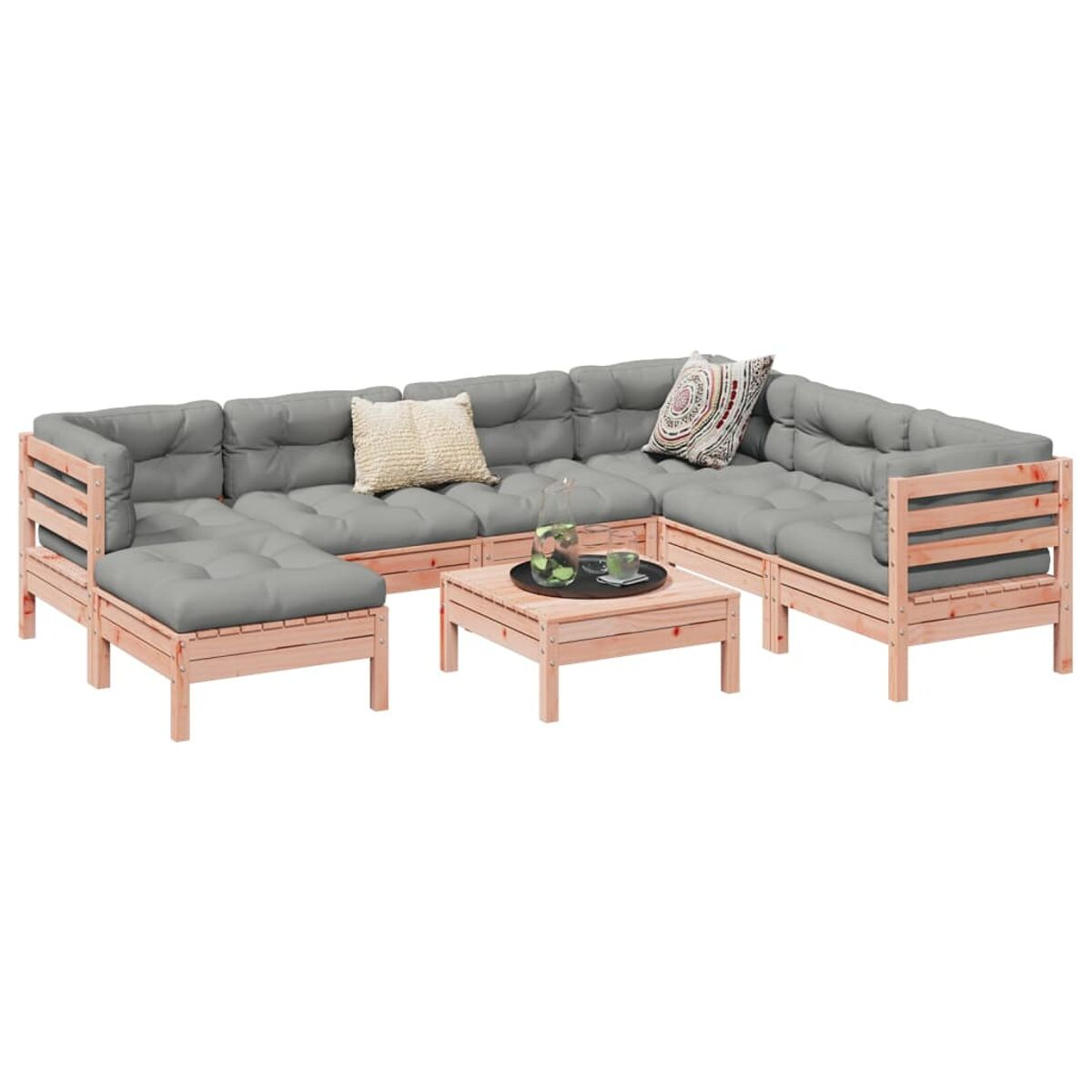 Outdoor-Holz-Sofaset mit grauen Kissen und einem Couchtisch. Weißer Hintergrund.