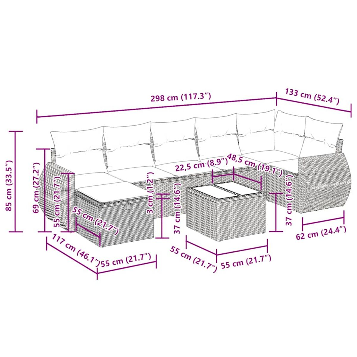 Rattan-Sofa-Set für den Außenbereich mit Abmessungen. Enthält ein Ecksofa und einen Couchtisch.