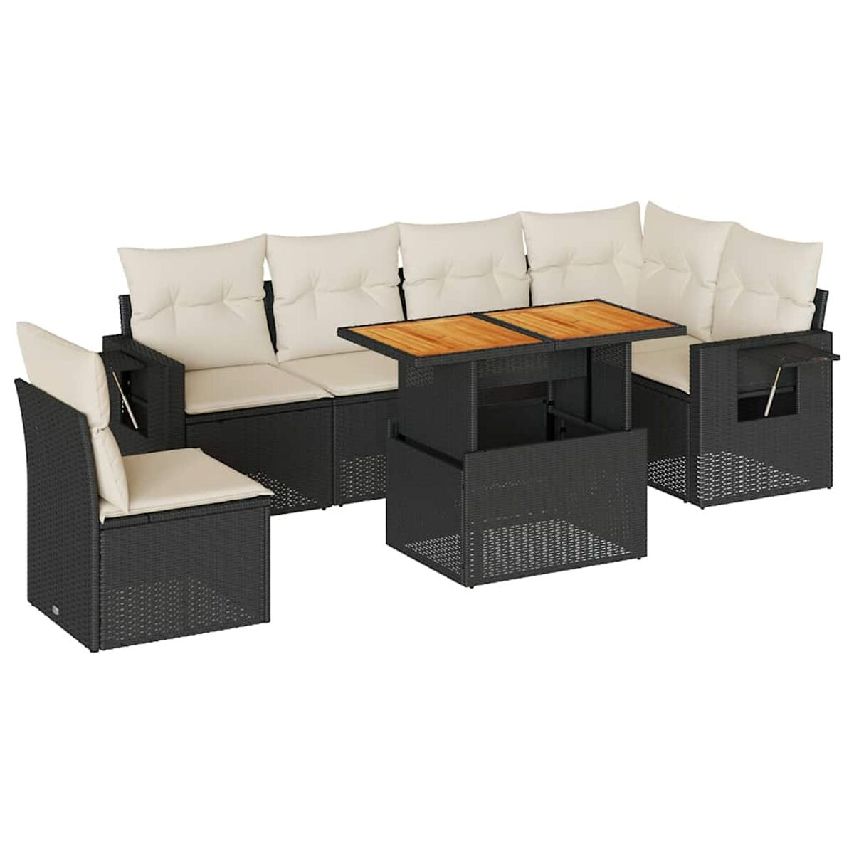Divano in rattan nero con tavolo sollevabile e cuscini bianchi. Sfondo: bianco.