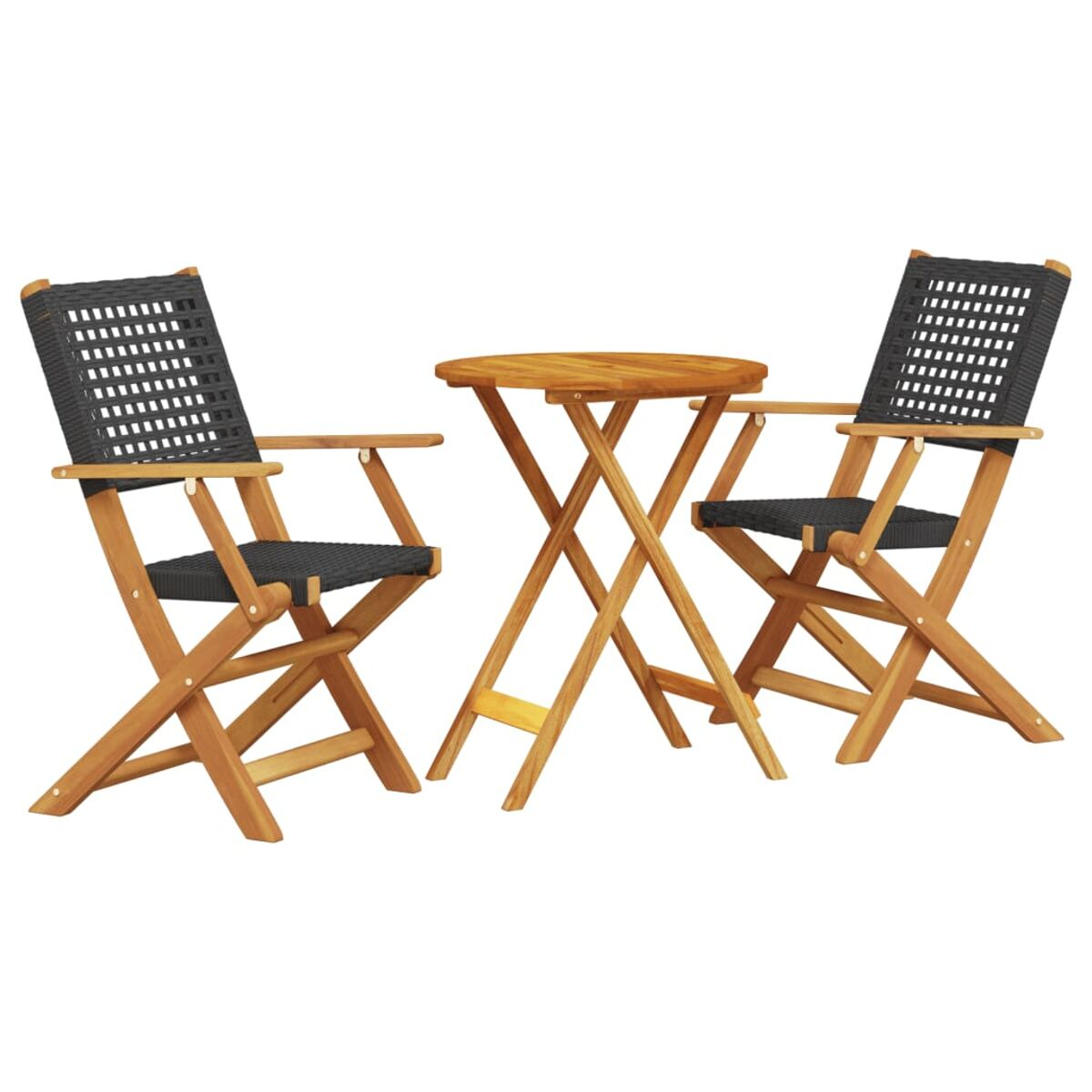 Due sedie in legno e un tavolo rotondo. Seduta intrecciata nera. Sfondo bianco.