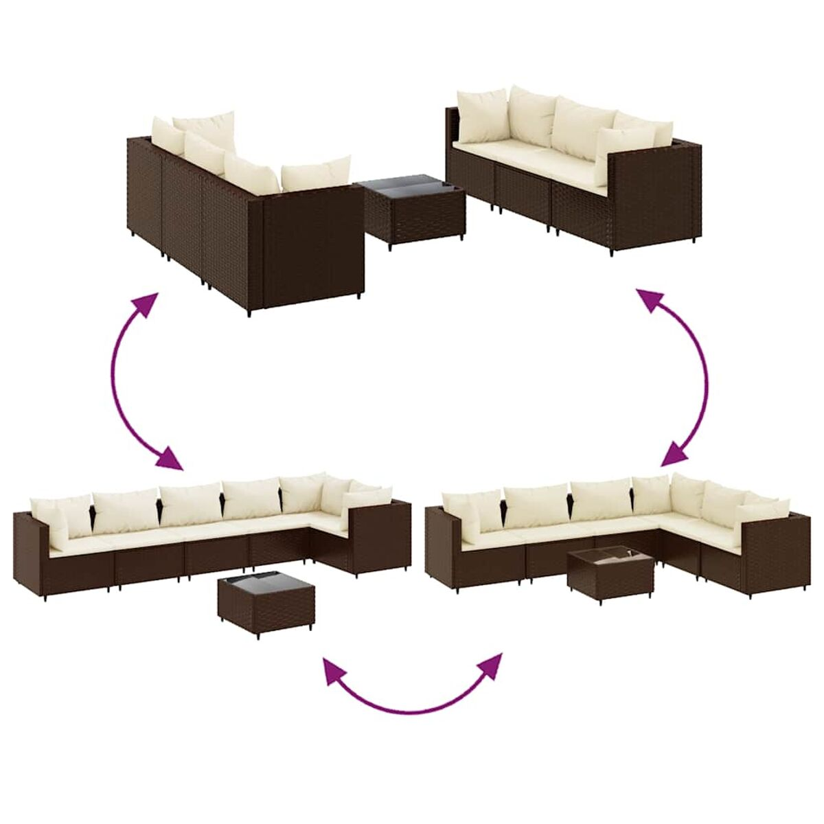 Ein modulares Outdoor-Sofa in verschiedenen Konfigurationen. Braunes Korbgeflecht mit cremefarbenen Kissen.