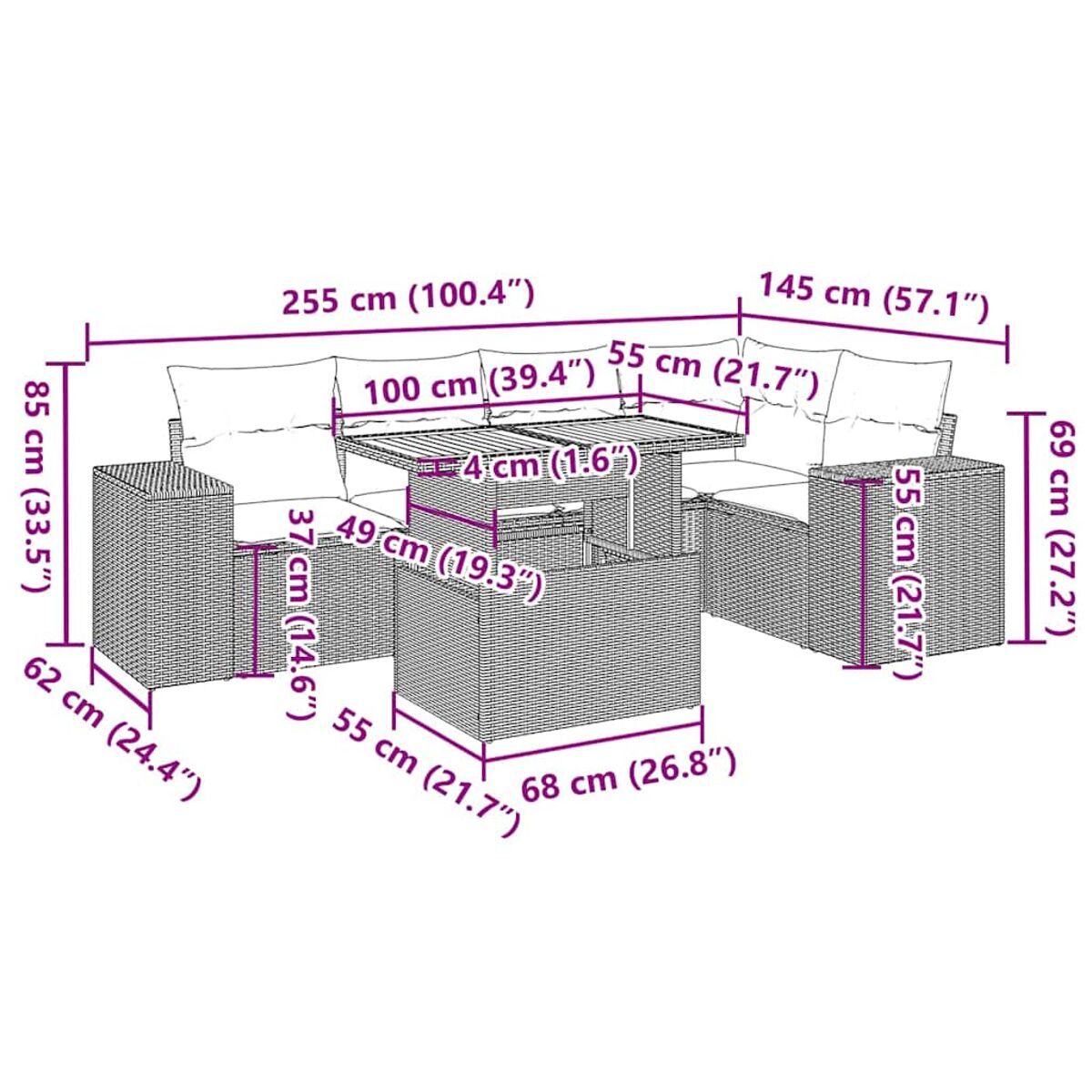 Set di mobili da esterno in rattan con dimensioni. Include un divano componibile, un tavolo e due sedie.