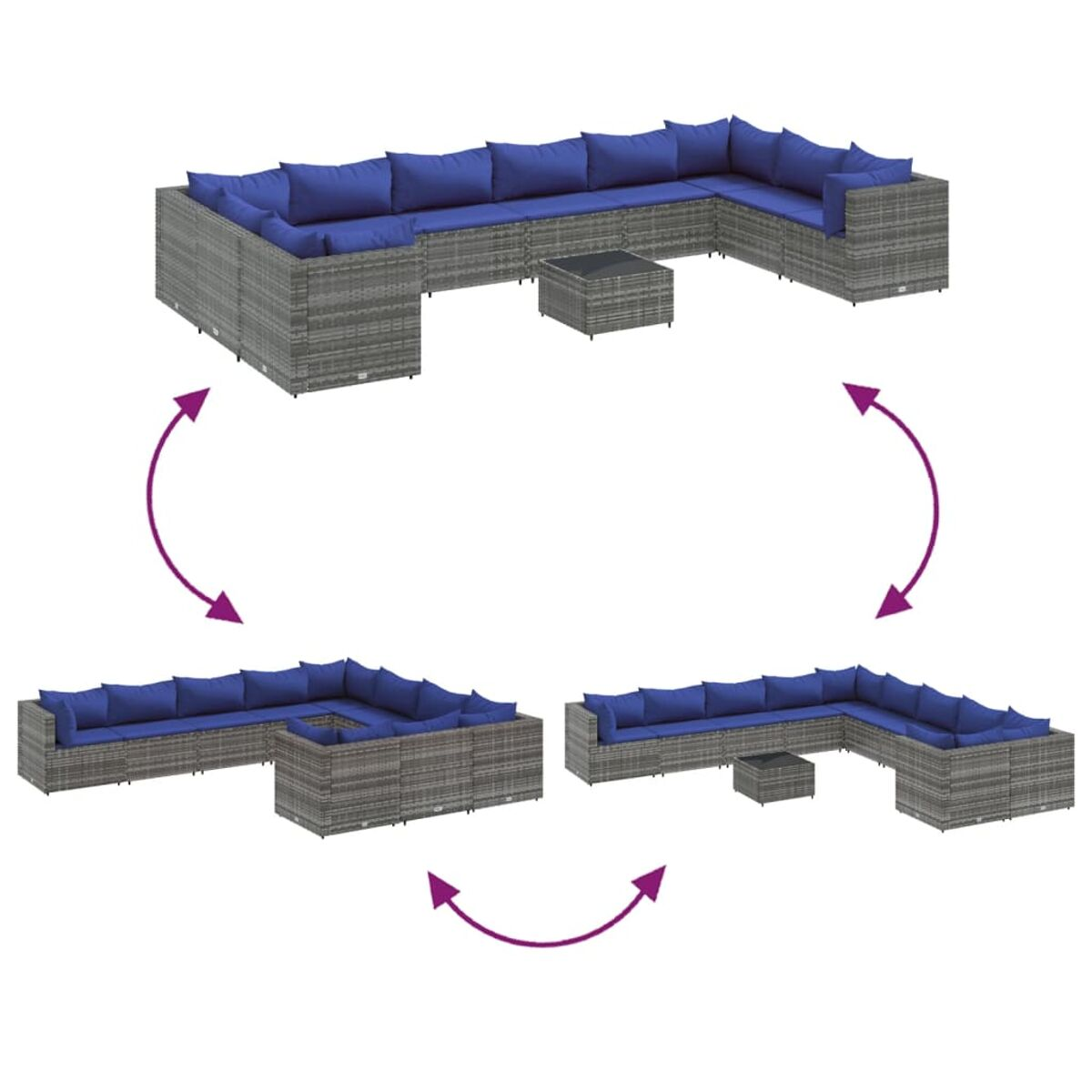 Diagramm eines modularen Outdoor-Sofas in verschiedenen Konfigurationen mit blauen Kissen.