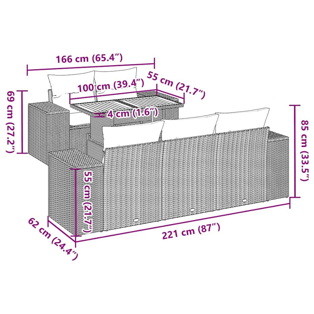Set divano in vimini con dimensioni. Include divano e tavolo.