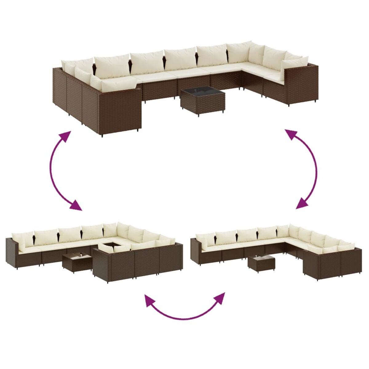 Diagrama que muestra un sofá modular marrón en tres configuraciones con cojines crema.