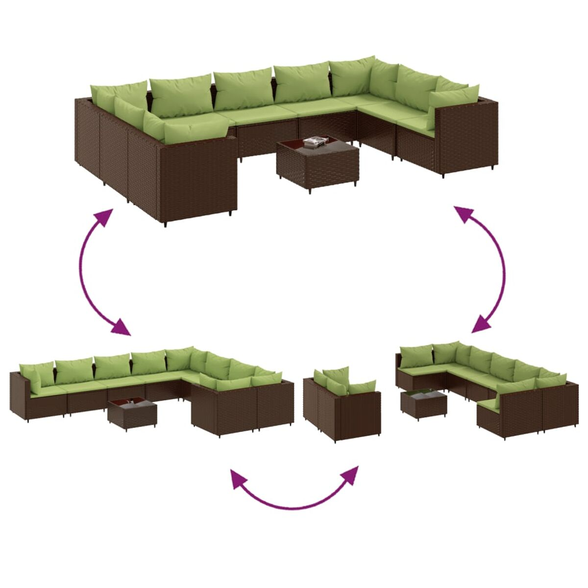 Diverse disposizioni di divani in vimini per esterni. Diverse configurazioni con cuscini verdi e tavolini.