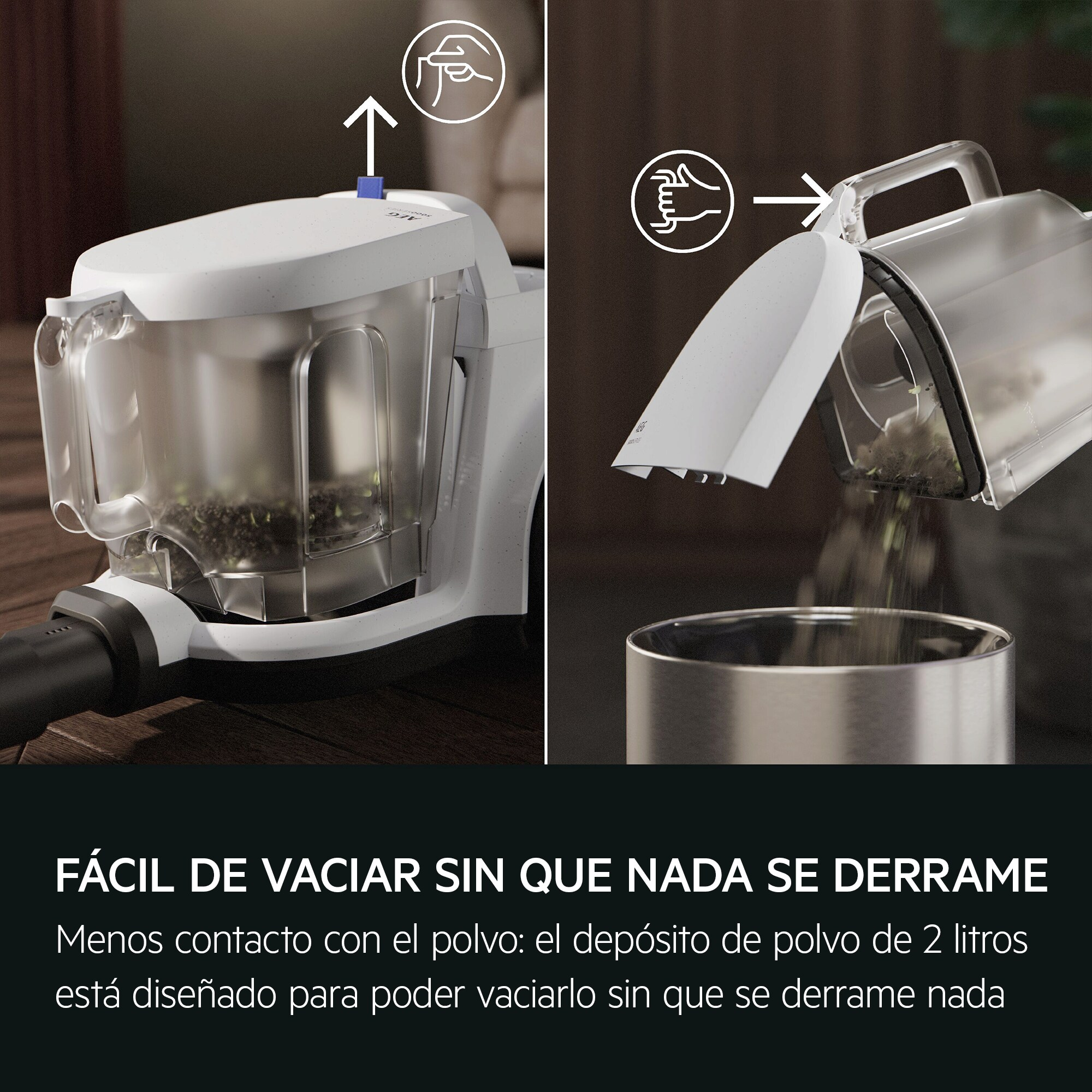 Odkurzacz z przezroczystym pojemnikiem na kurz. Instrukcje i ikona na obrazie.