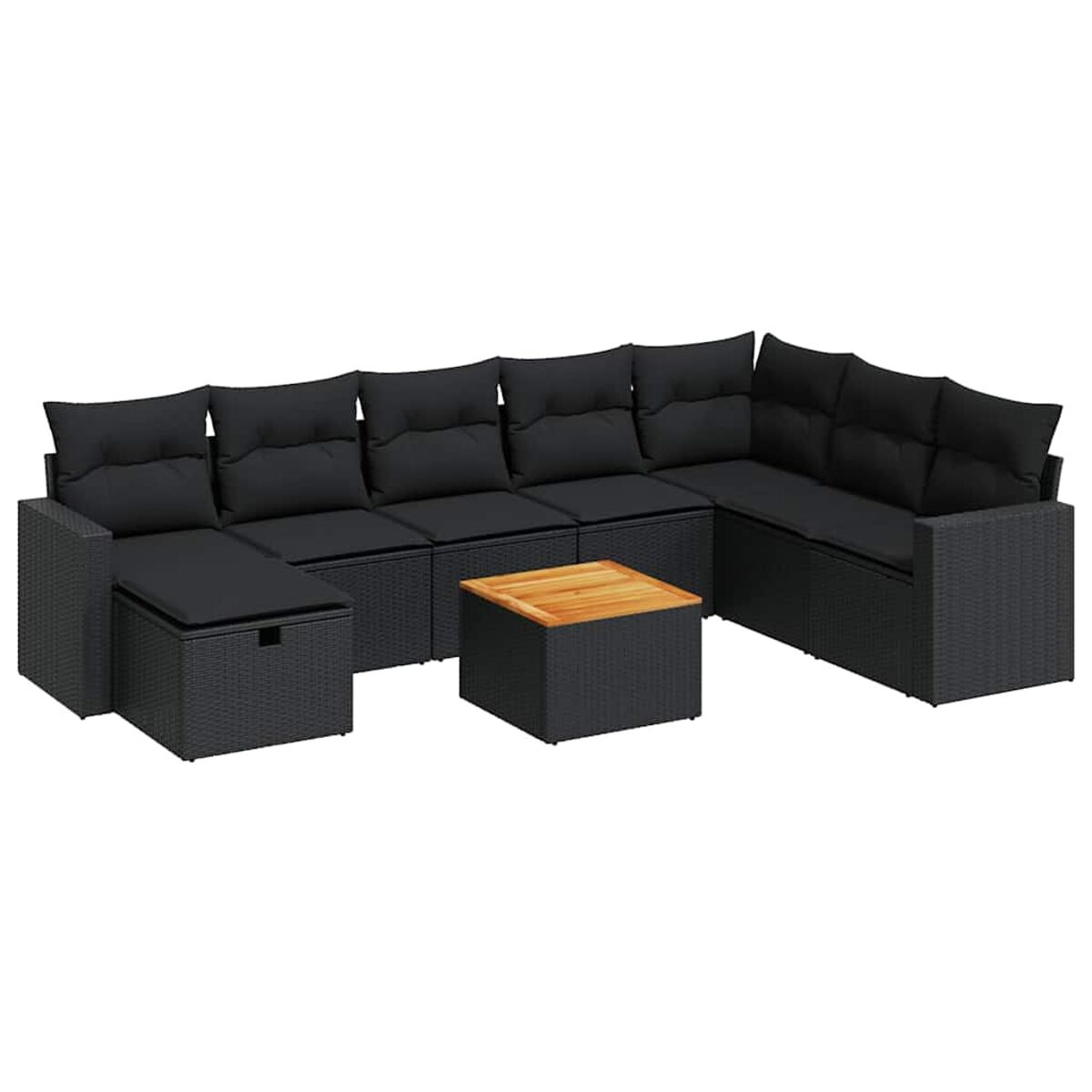 Divano componibile in rattan nero con tavolo. Cuscini grigi sui sedili. Sfondo bianco.