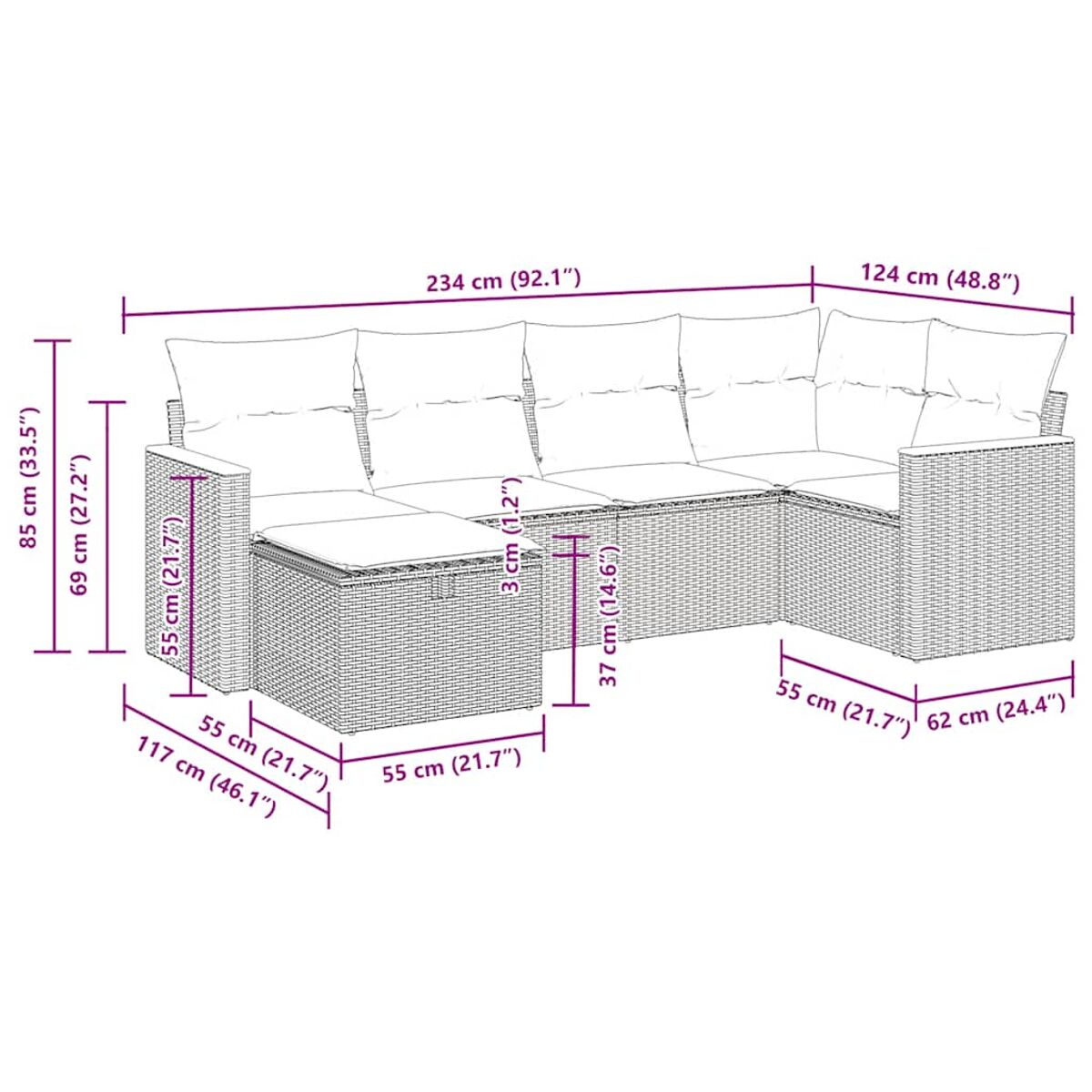 Divano componibile da esterno in vimini con dimensioni visualizzate. Cuscini bianchi. Su un patio.