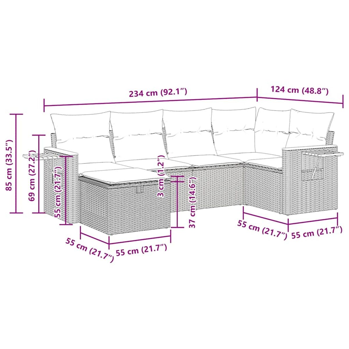Outdoor-Ecksofa mit Kissen, bemaßt. Es ist grau mit cremefarbenen Kissen.