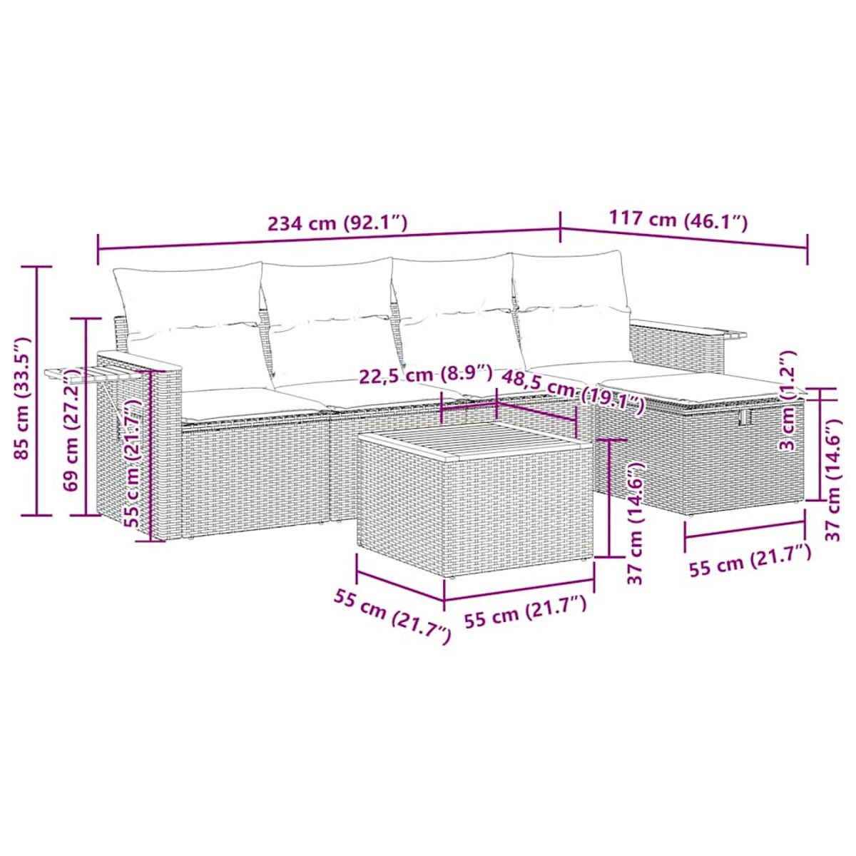 Outdoor-Rattan-Sofagarnitur mit Maßen beschriftet.
