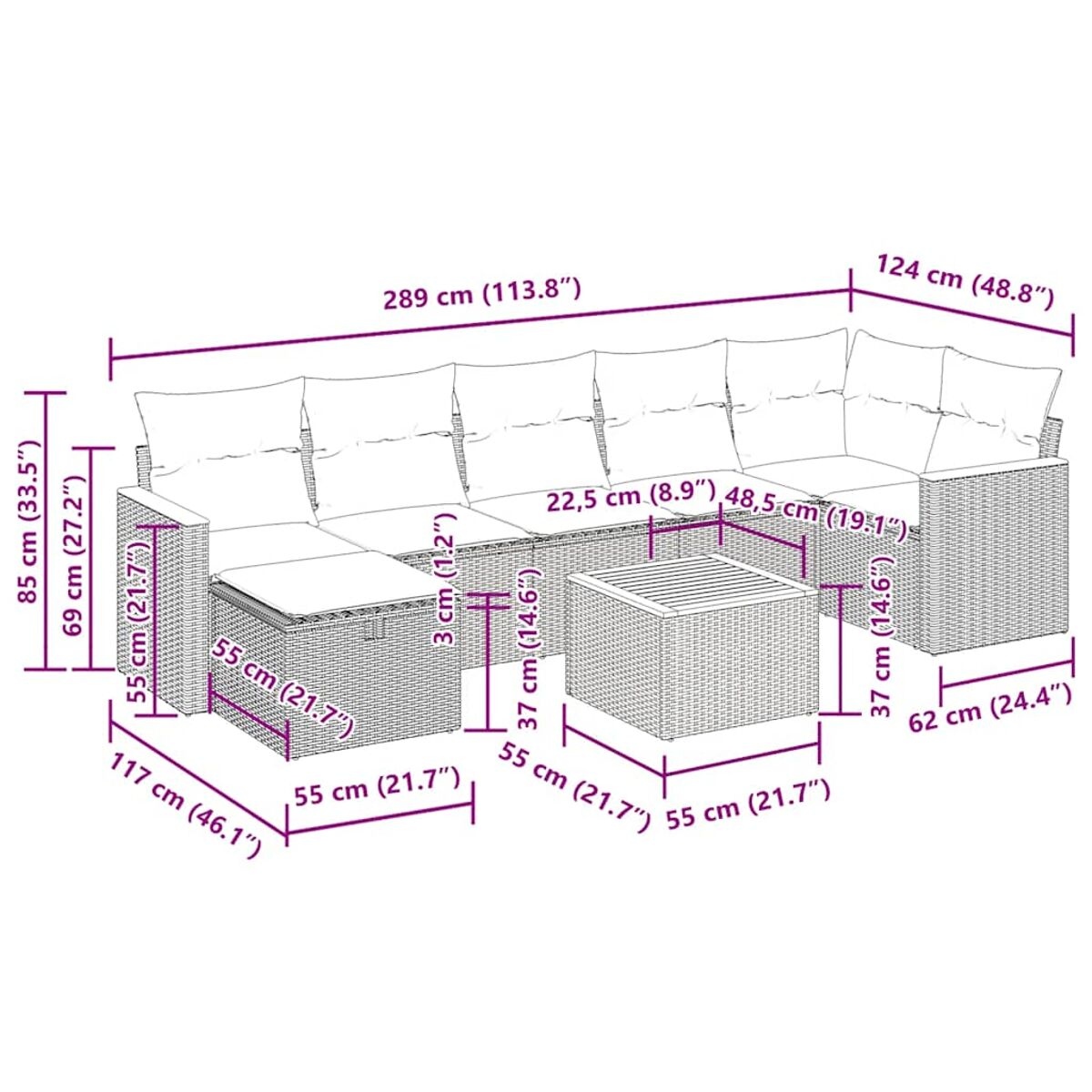 Geflochtenes Outdoor-Ecksofa mit Abmessungen in cm und Zoll auf weißem Hintergrund.