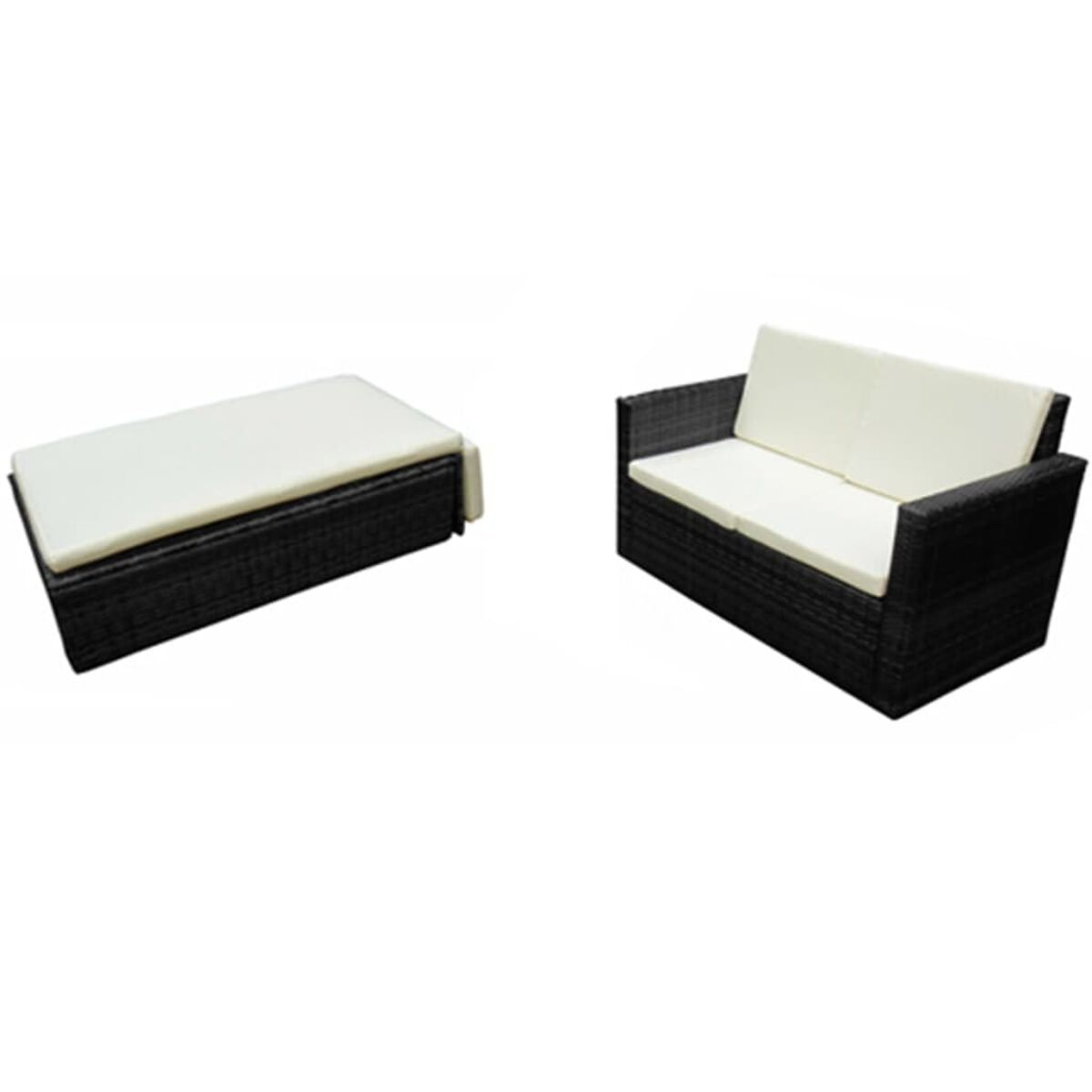 Schwarzes Korbmöbelsofa und Ottoman mit weißen Kissen, isoliert auf weißem Hintergrund.