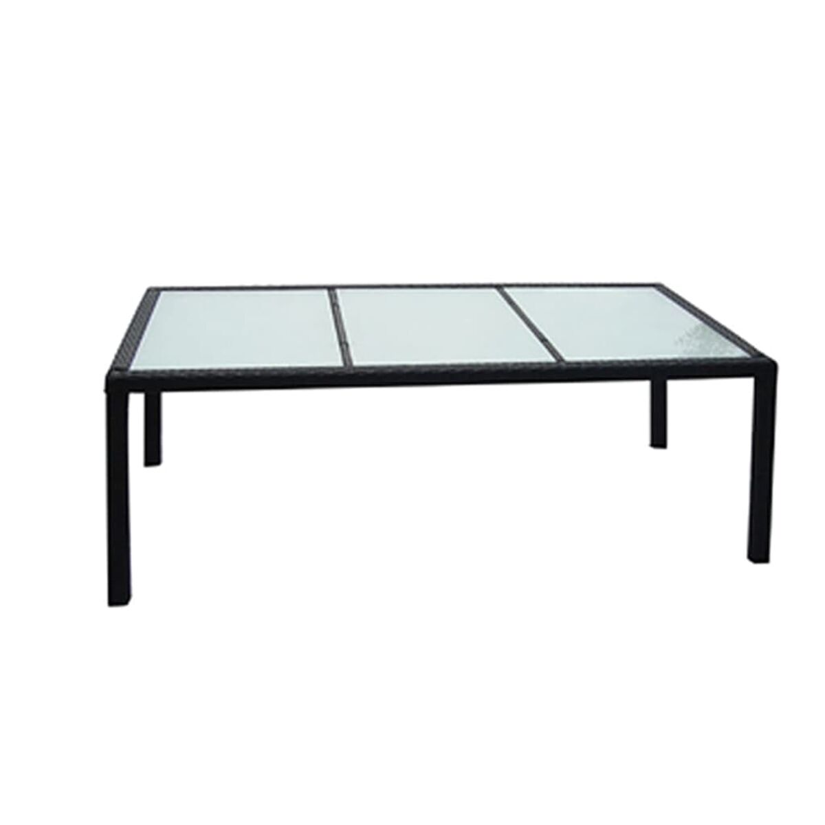 Rechteckiger Outdoor-Glastisch mit schwarzem Rahmen. Das Glas ist in drei Felder unterteilt.