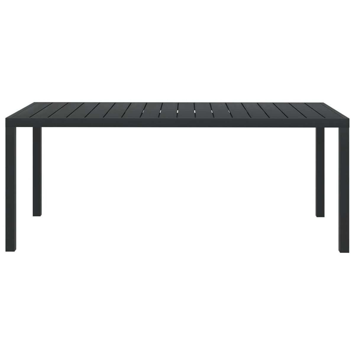 Schwarzer rechteckiger Esstisch für den Außenbereich mit Lattenrost und vier Beinen. Klare Linien, modernes Design, minimalistische Ästhetik.