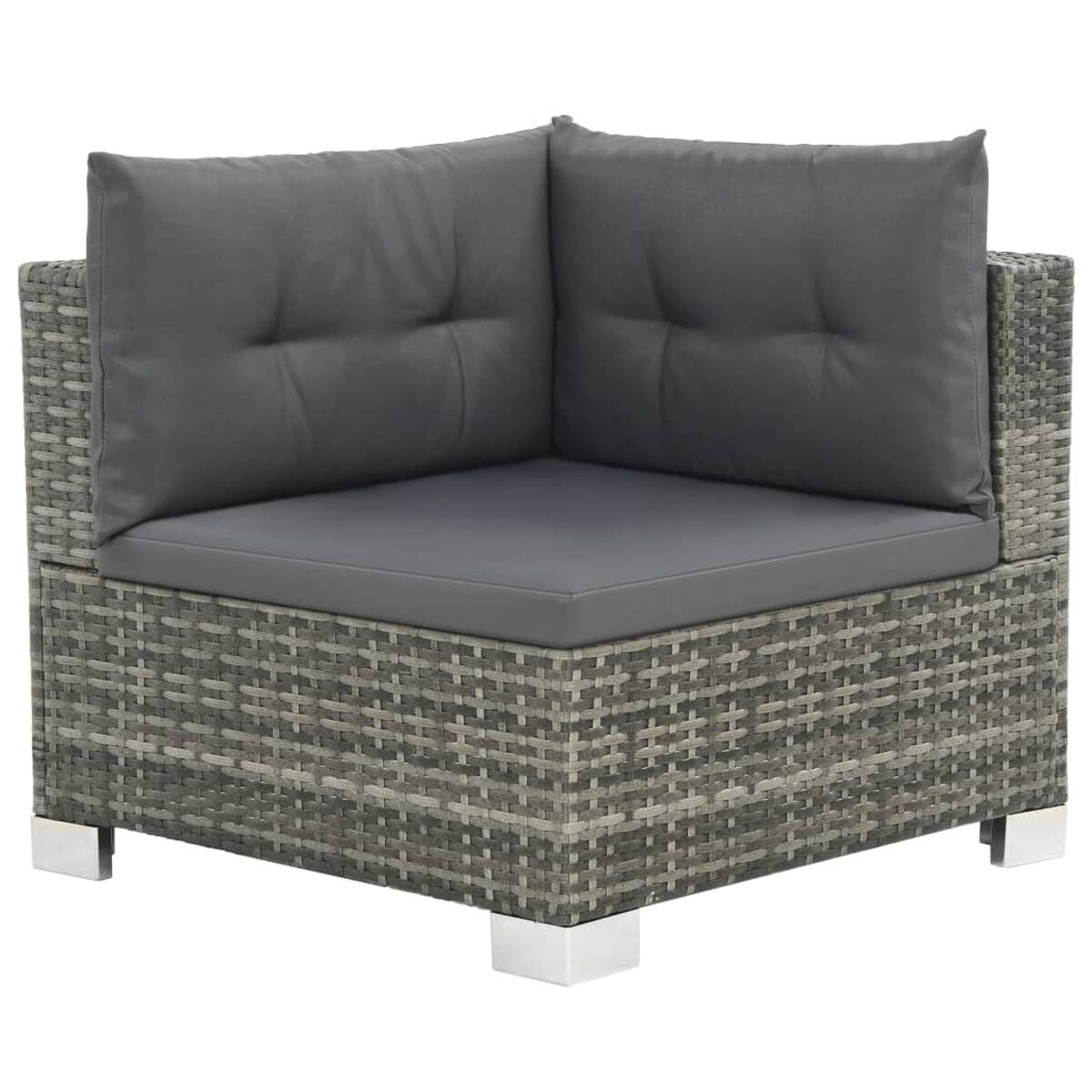 Ecksofa mit grauen Kissen. Graue gewebte Basis. Füße aus Edelstahl. Quadratische Form.