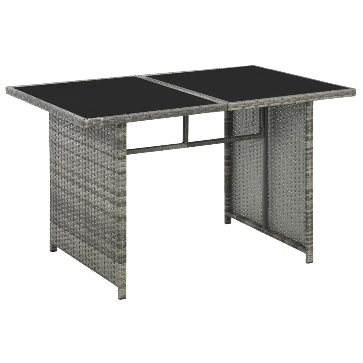 Ein grauer gewebter Outdoor-Tisch mit schwarzer Glasplatte.