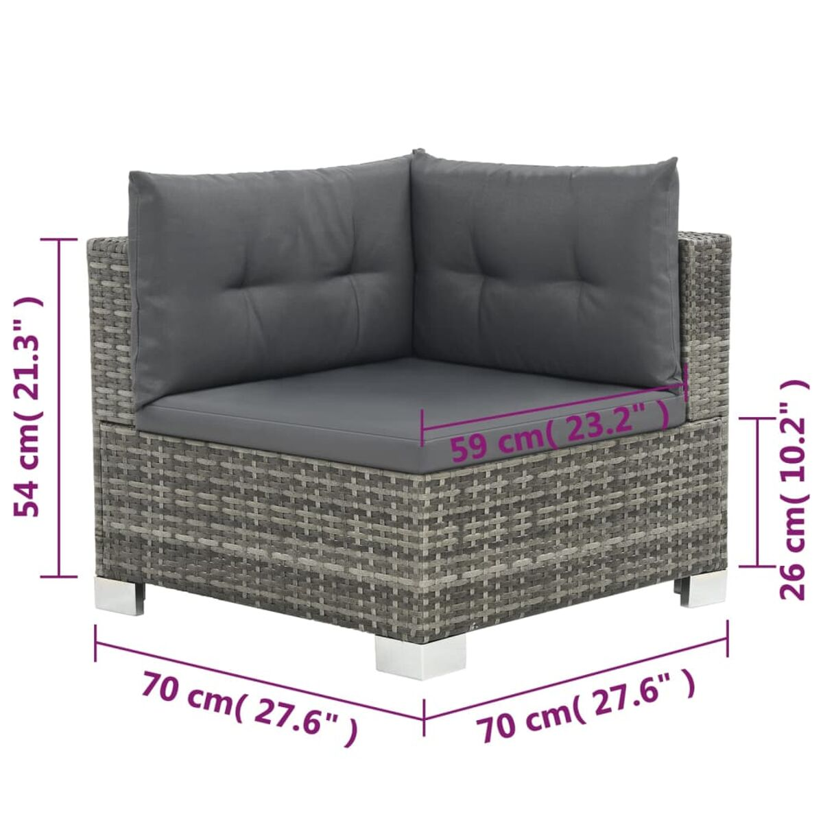 Graues Ecksofa mit grauen Kissen. Abmessungen: 70x70x26 cm.