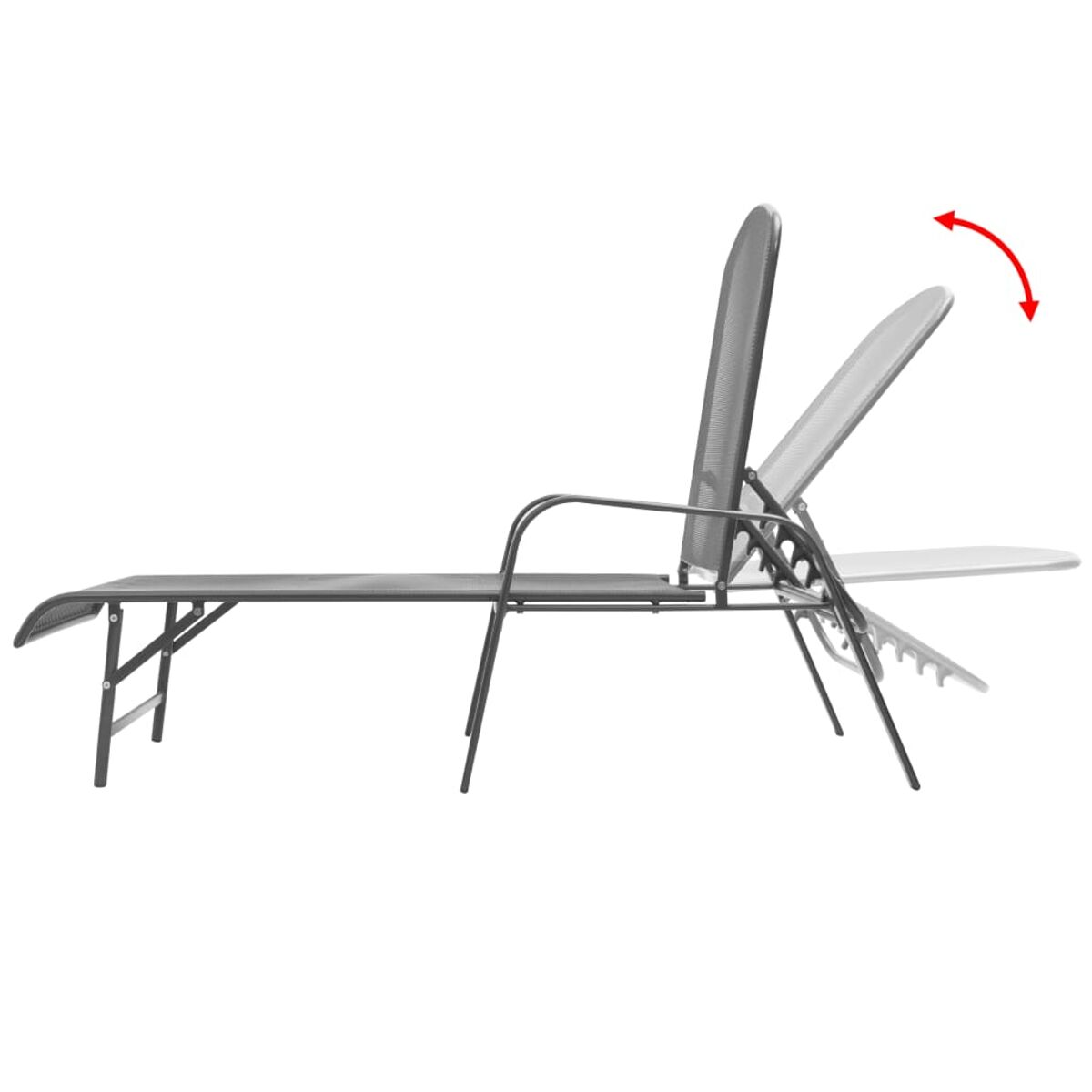 Grauer, verstellbarer Outdoor-Stuhl. Seitenprofil, mit rotem Pfeil, der die Liegefunktion anzeigt.