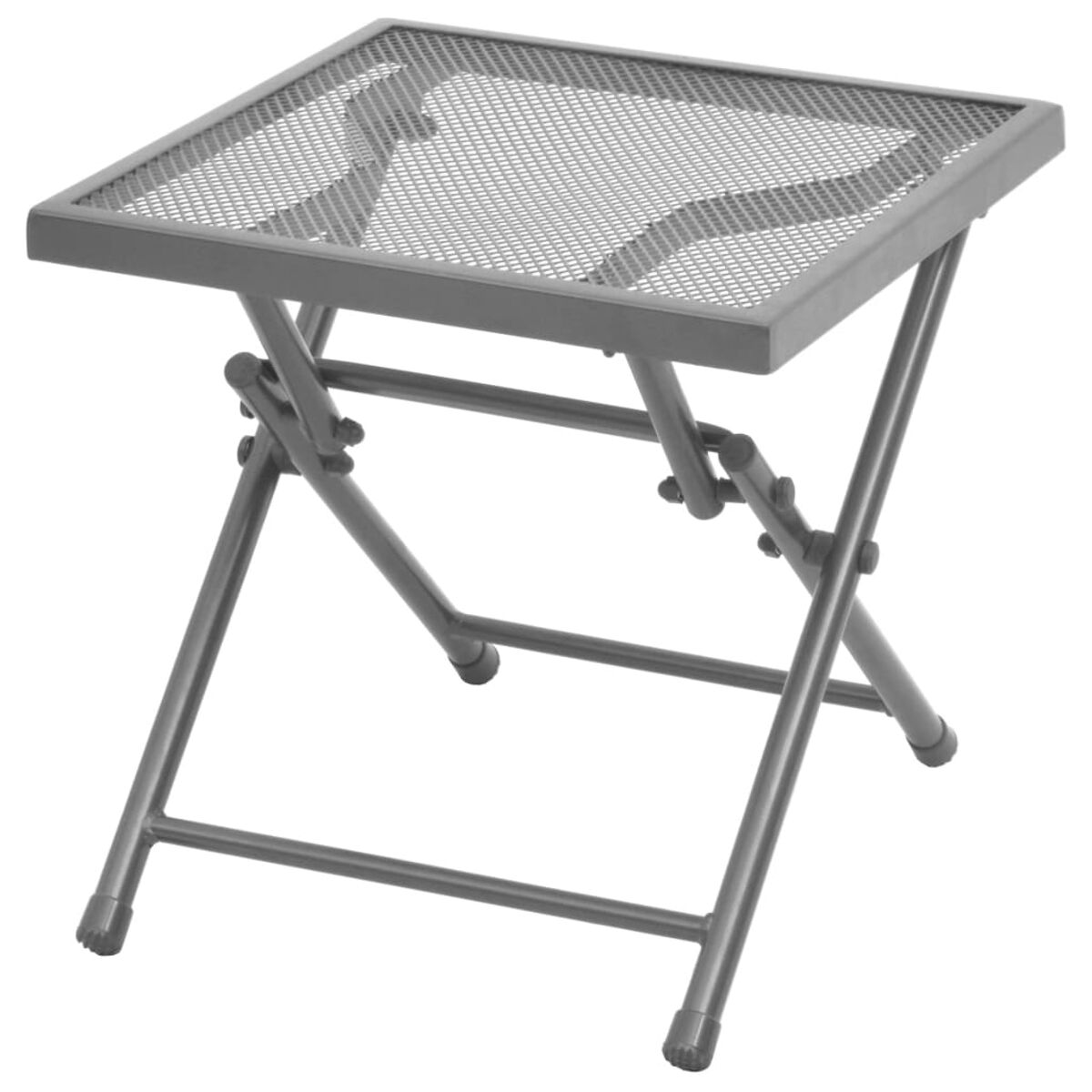 Klappbarer Metalltisch mit quadratischer Oberseite. Es hat eine Gitteroberfläche und graue Farbe. Weißer Hintergrund.
