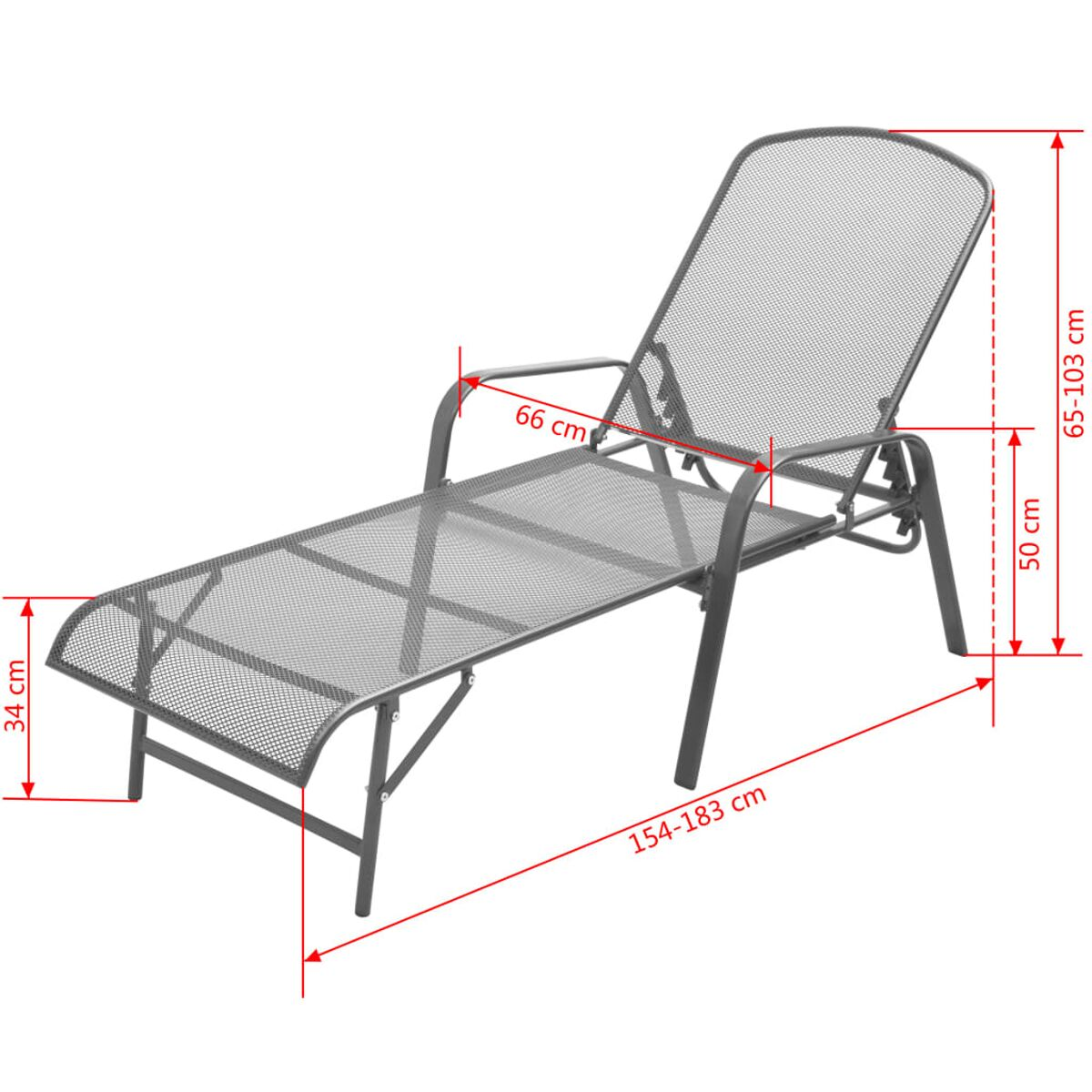 Liegestuhl aus Metallgeflecht mit Abmessungen in cm.