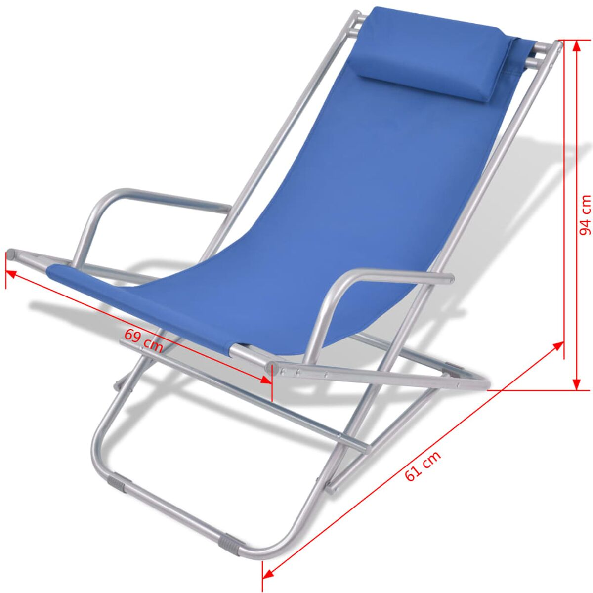 Blau-silberner Strandstuhl mit Maßen. Kopfstütze und Armlehnen.