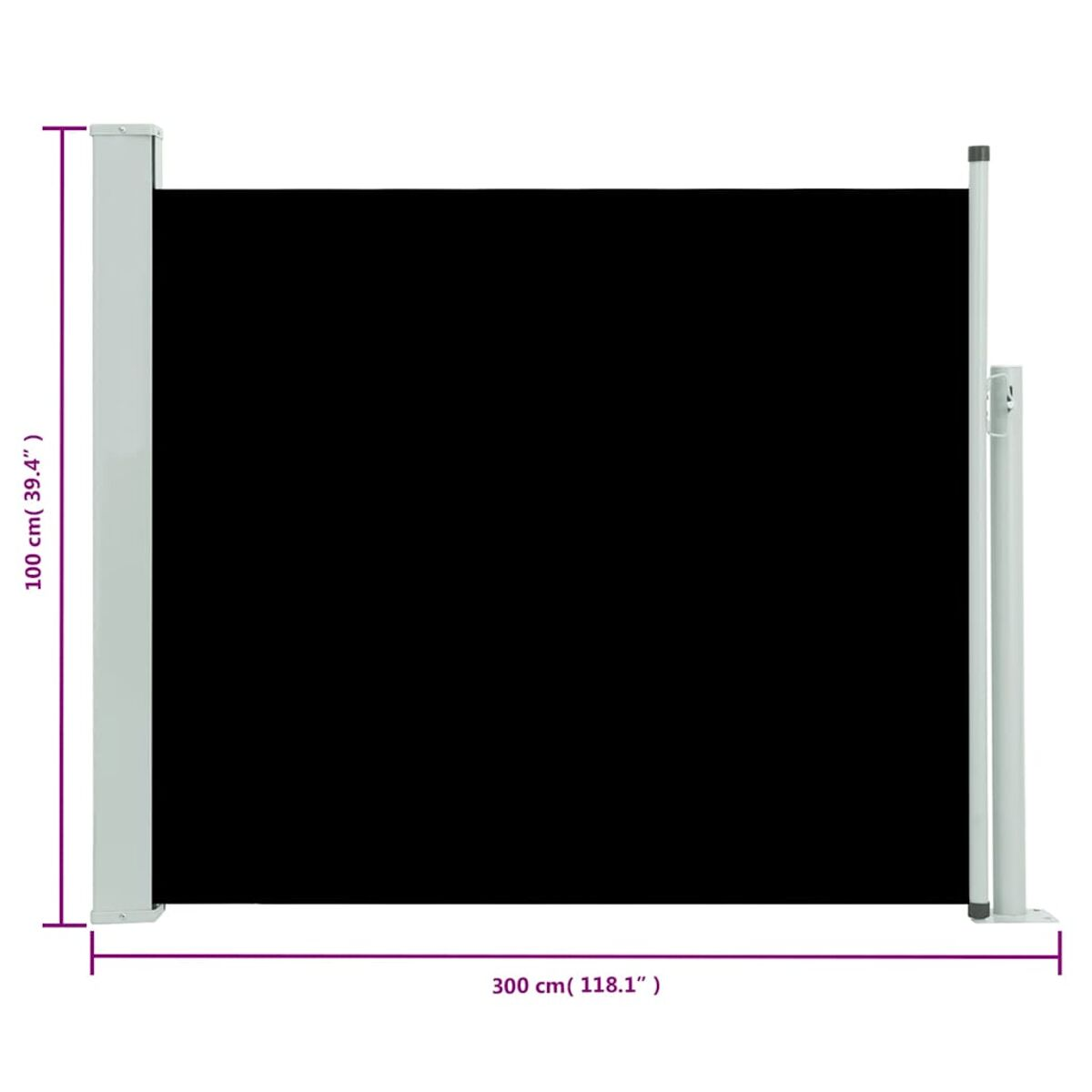 Schwarze ausziehbare Leinwand mit Abmessungen: 100cm x 300cm. Weiße Pfosten und Rahmen.