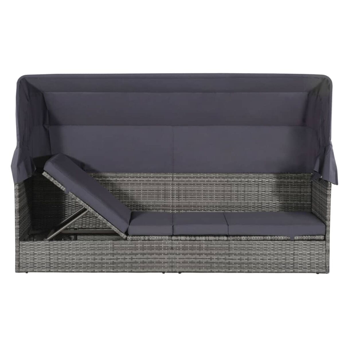 Graues Outdoor-Sofa aus Korbgeflecht mit Baldachin. Die Rückenlehne ist hoch. Es gibt eine Fußstütze.