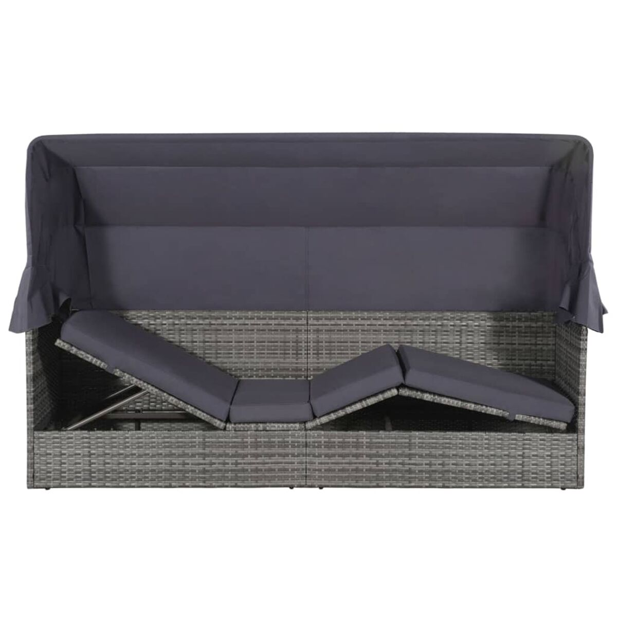 Graue Rattan-Chaiselongue im Freien mit Baldachin.