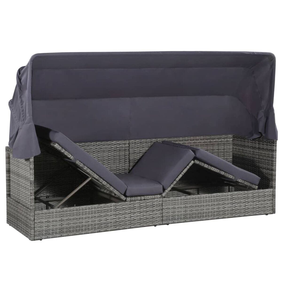 Graues Outdoor-Sofa aus Korbgeflecht mit Baldachin. Kissen sind grau. Baldachin ist heruntergeklappt. Weißer Hintergrund.
