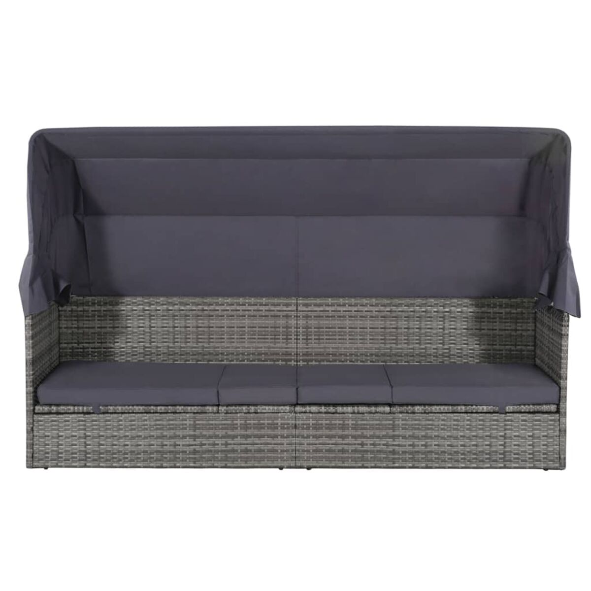 Ein graues Korbsitzsofa mit Baldachin. Das Sofa hat drei Kissen und einen faltbaren Baldachin zum Schatten.
