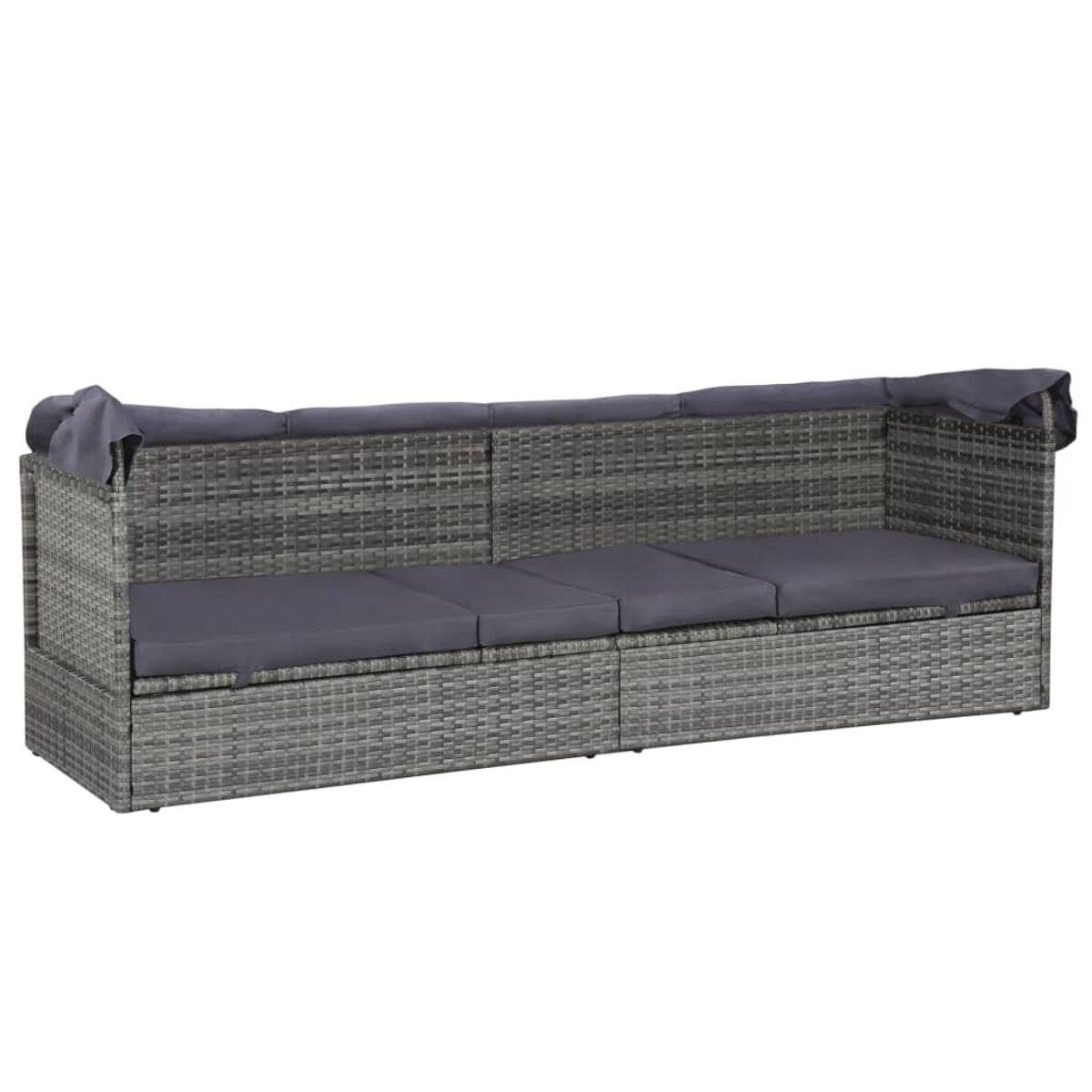 Graues Outdoor-Sofa aus Korbgeflecht mit grauen Kissen.