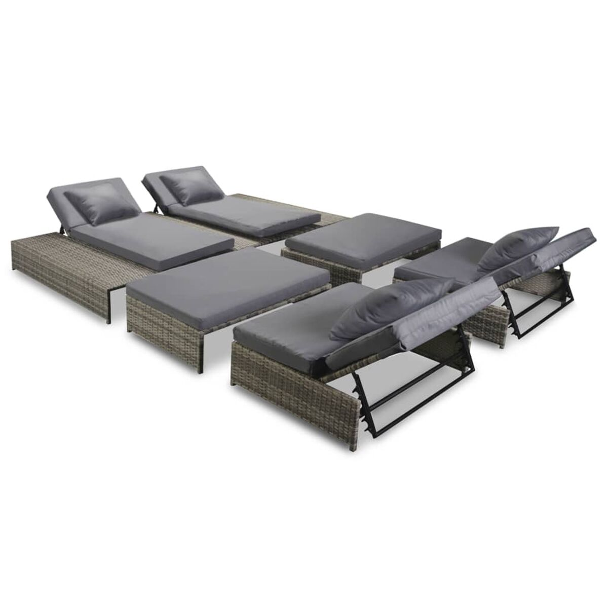 Outdoor Lounge-Set mit mehreren grauen Chaiselongues und Ottomanen, angeordnet auf einer Terrasse.