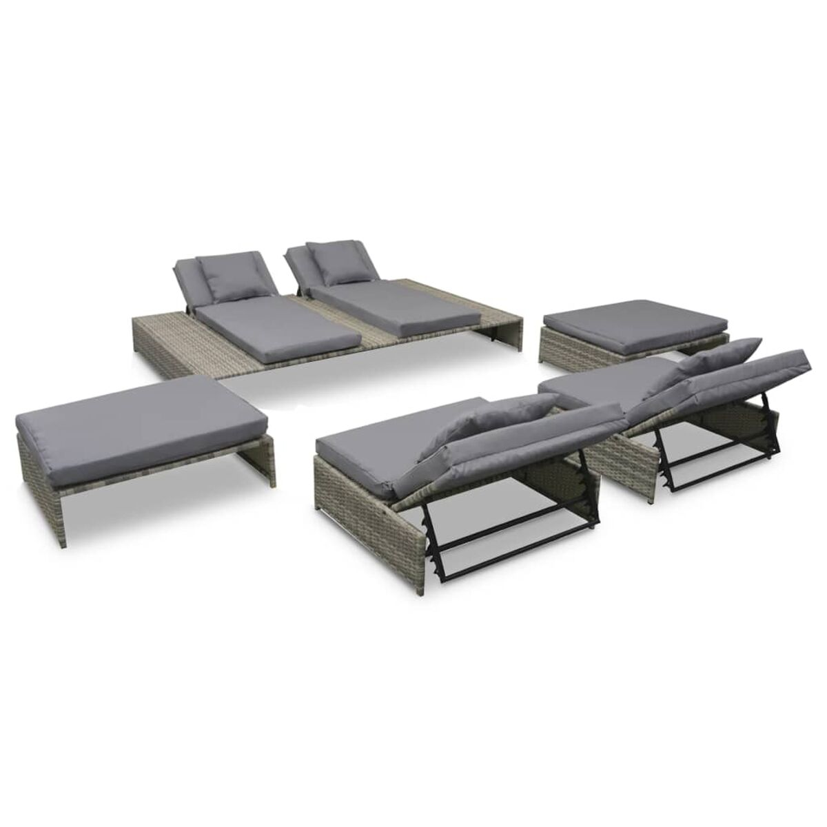 Outdoor-Möbelset enthält zwei Sonnenliegen und zwei Ottomanen, alles in grauem Korbgeflecht mit grauen Kissen.