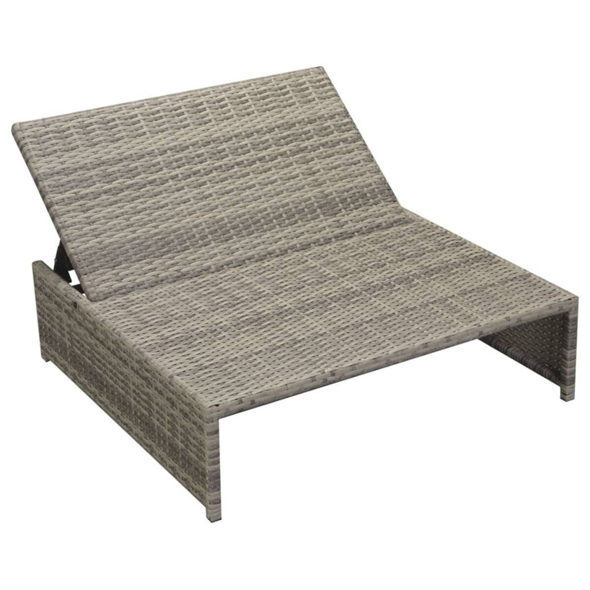 Graue Chaiselongue aus Korbgeflecht. Die Rückenlehne ist verstellbar. Der Sitz ist gewebt und das Gestell grau.
