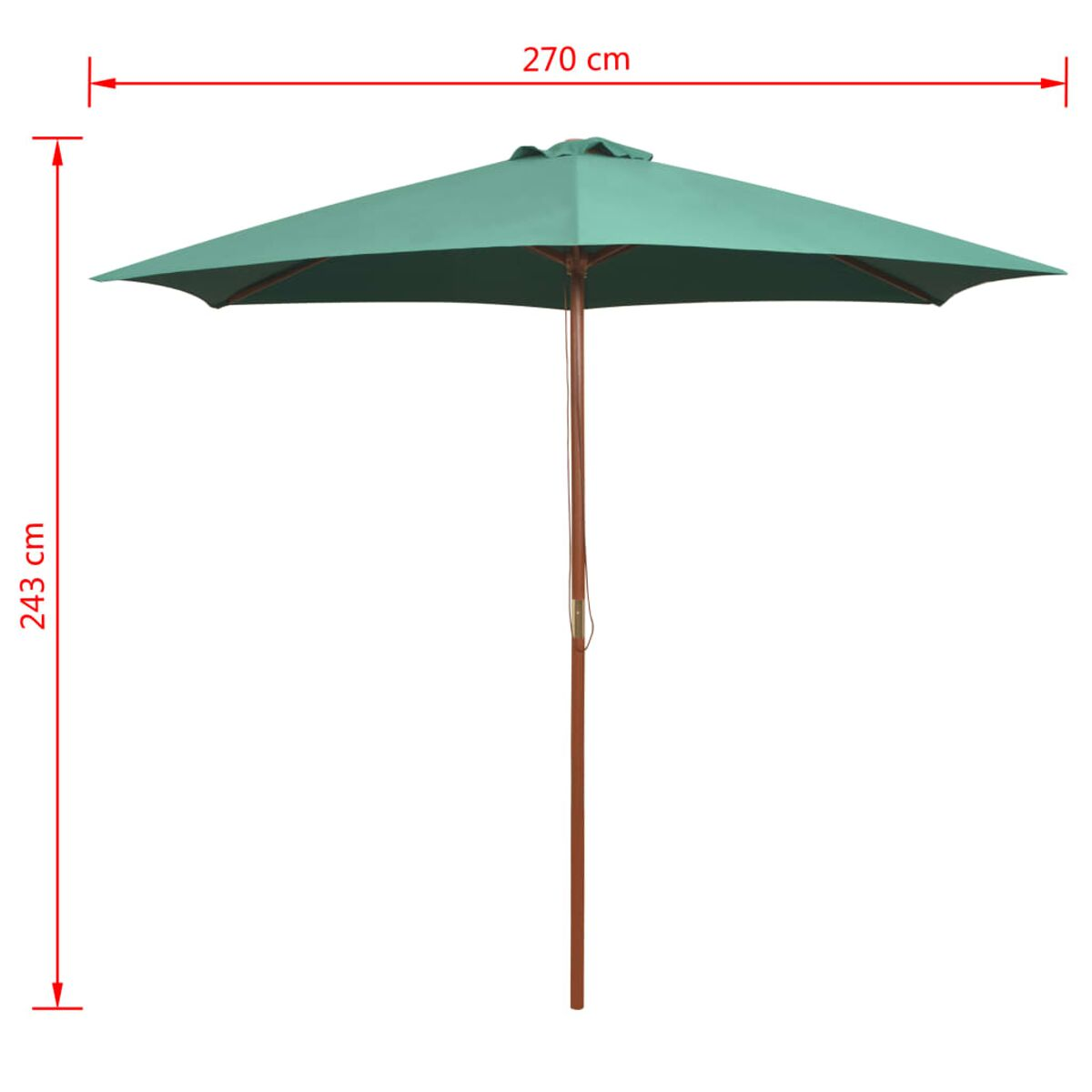 Grüner quadratischer Sonnenschirm mit Holzstange, Maße: 270 x 243 cm.